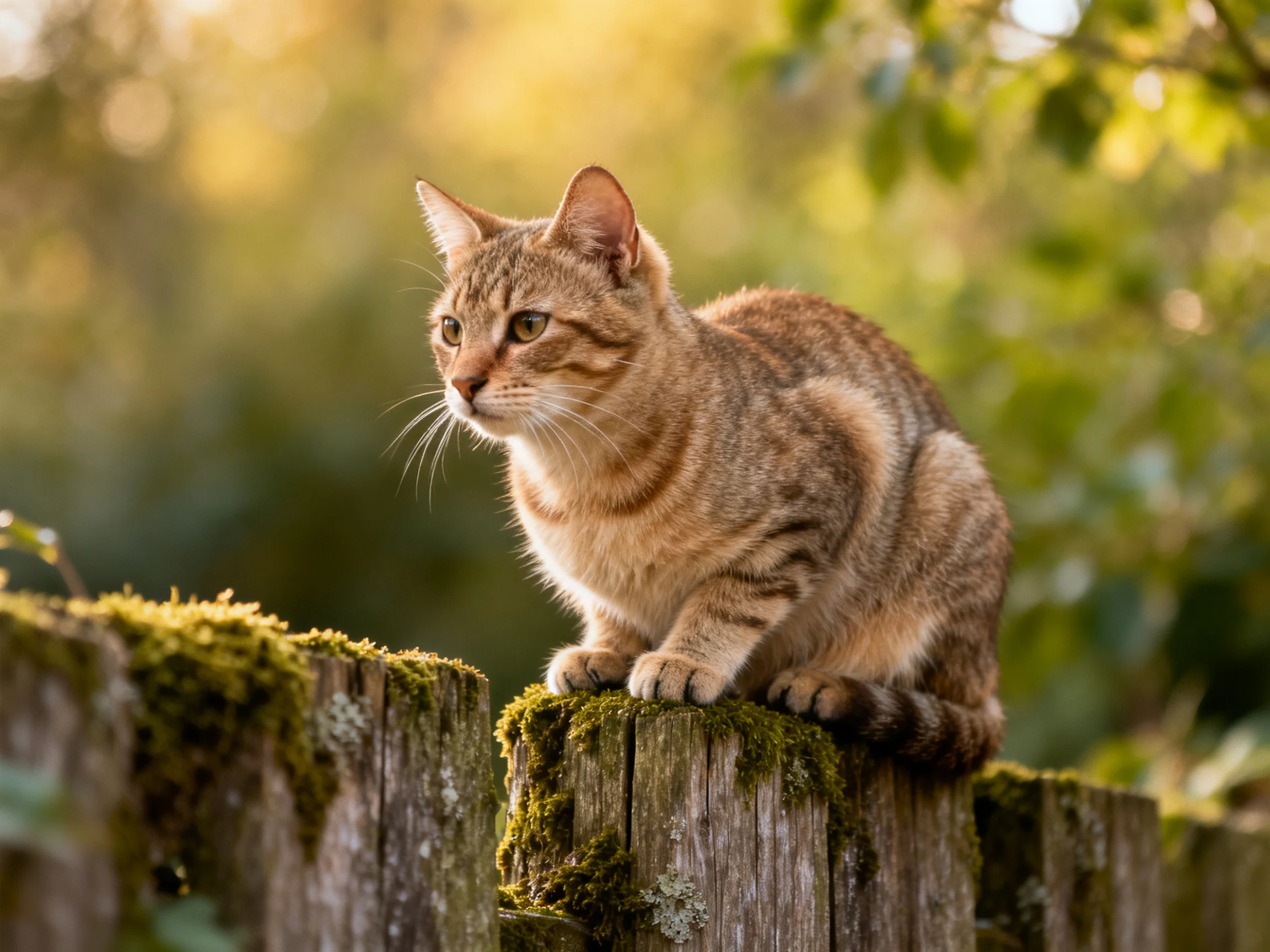 A brown tabby cat perches on moss-covered wooden fence posts