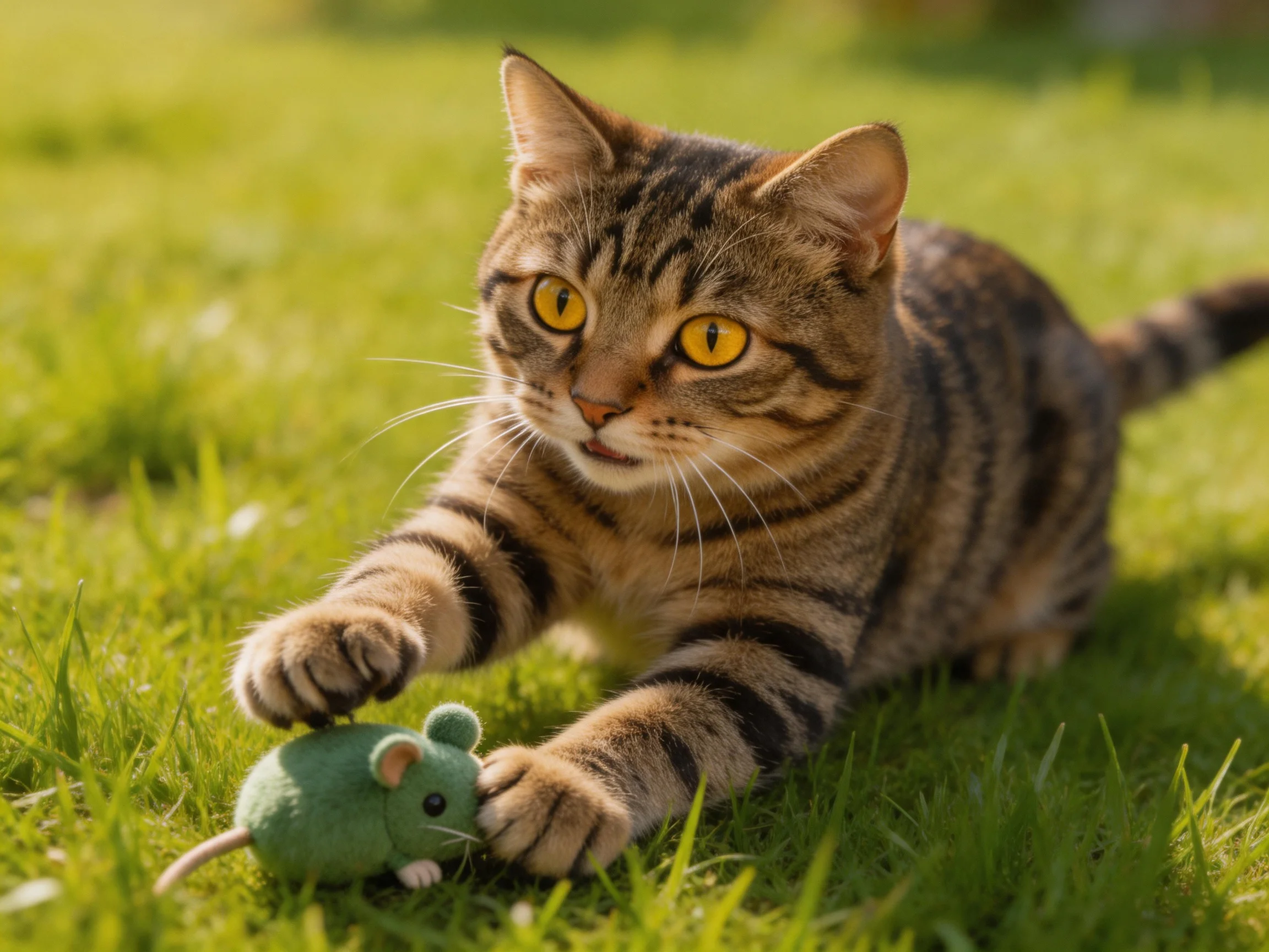 A brown tabby cat interacts with a green plush mouse in a sunlit grassy area.