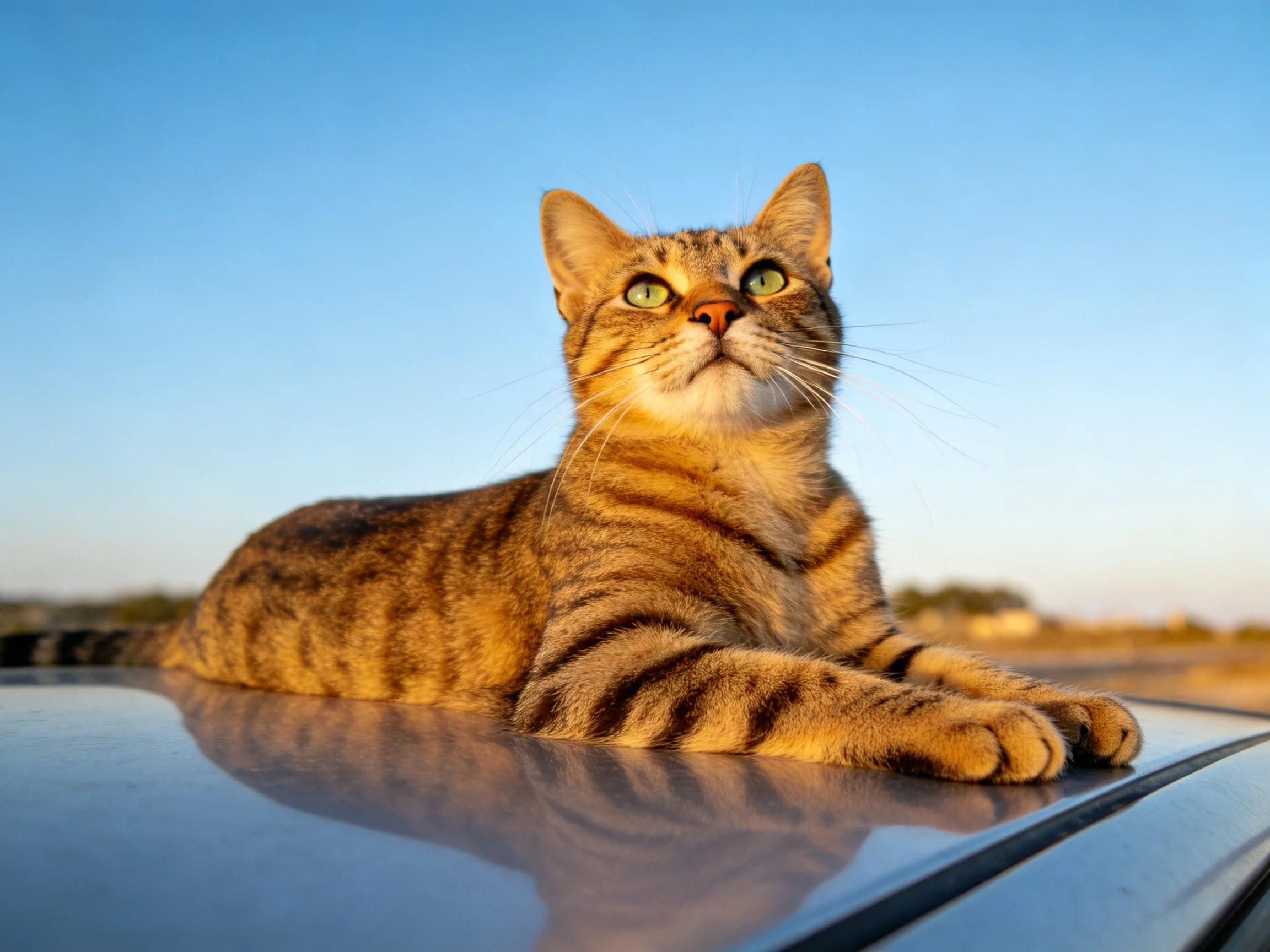 A brown tabby cat relaxes on a car roof beneath a clear blue sky