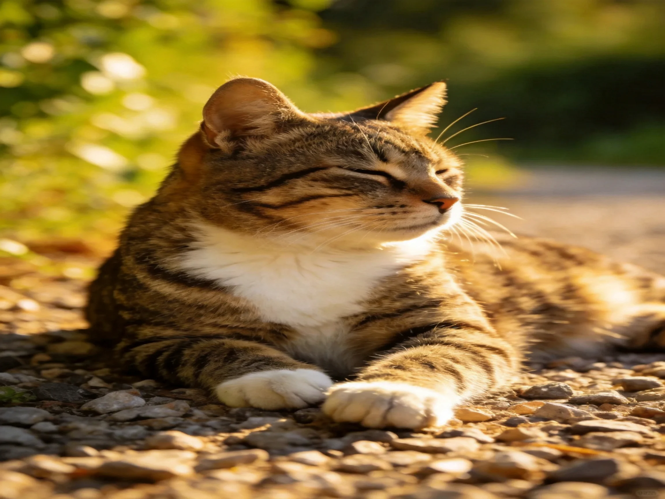 A brown-tabby cat relaxes on a sunlit gravel path