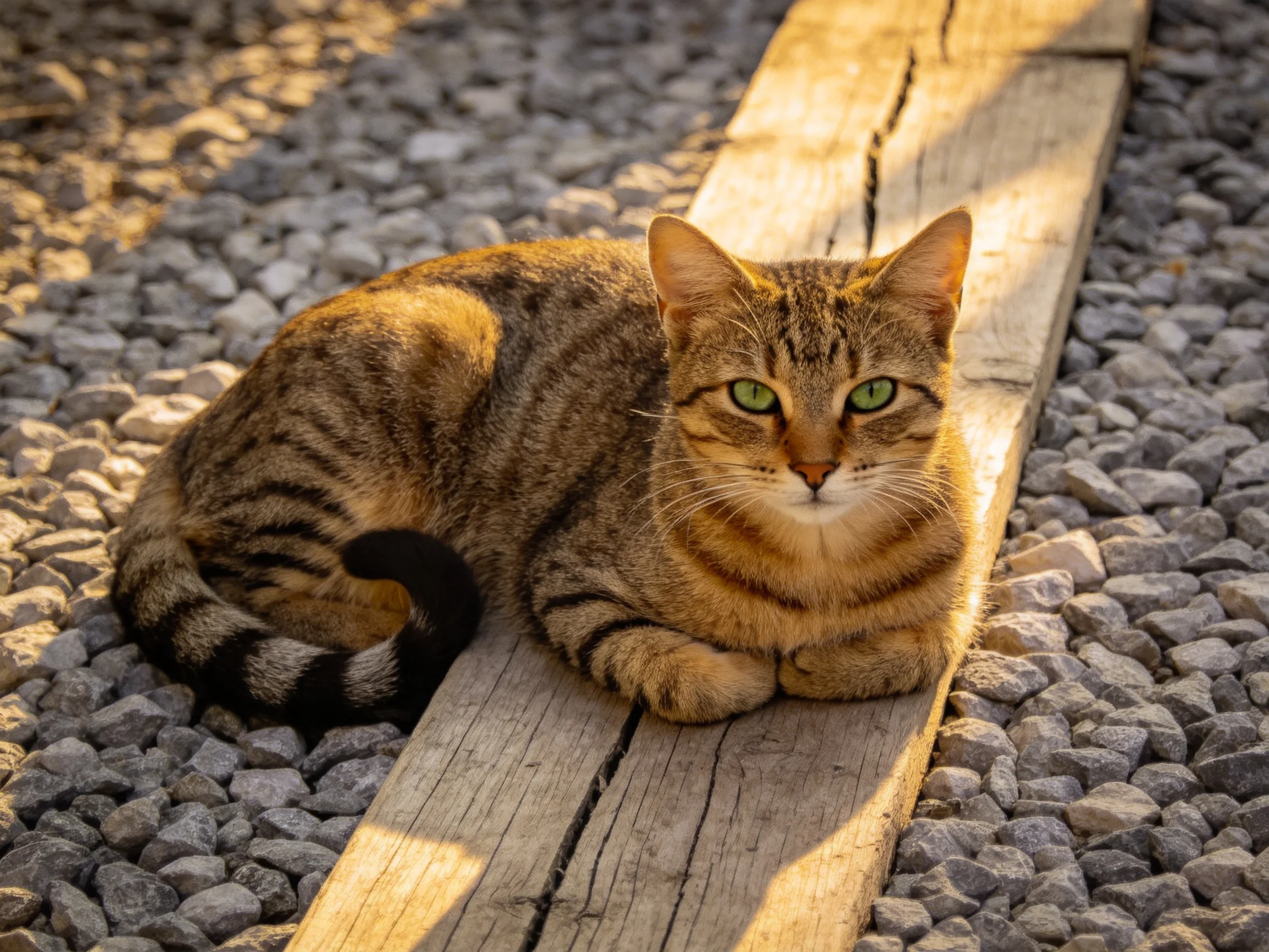 A brown tabby cat relaxes on a weathered wooden plank among gravel