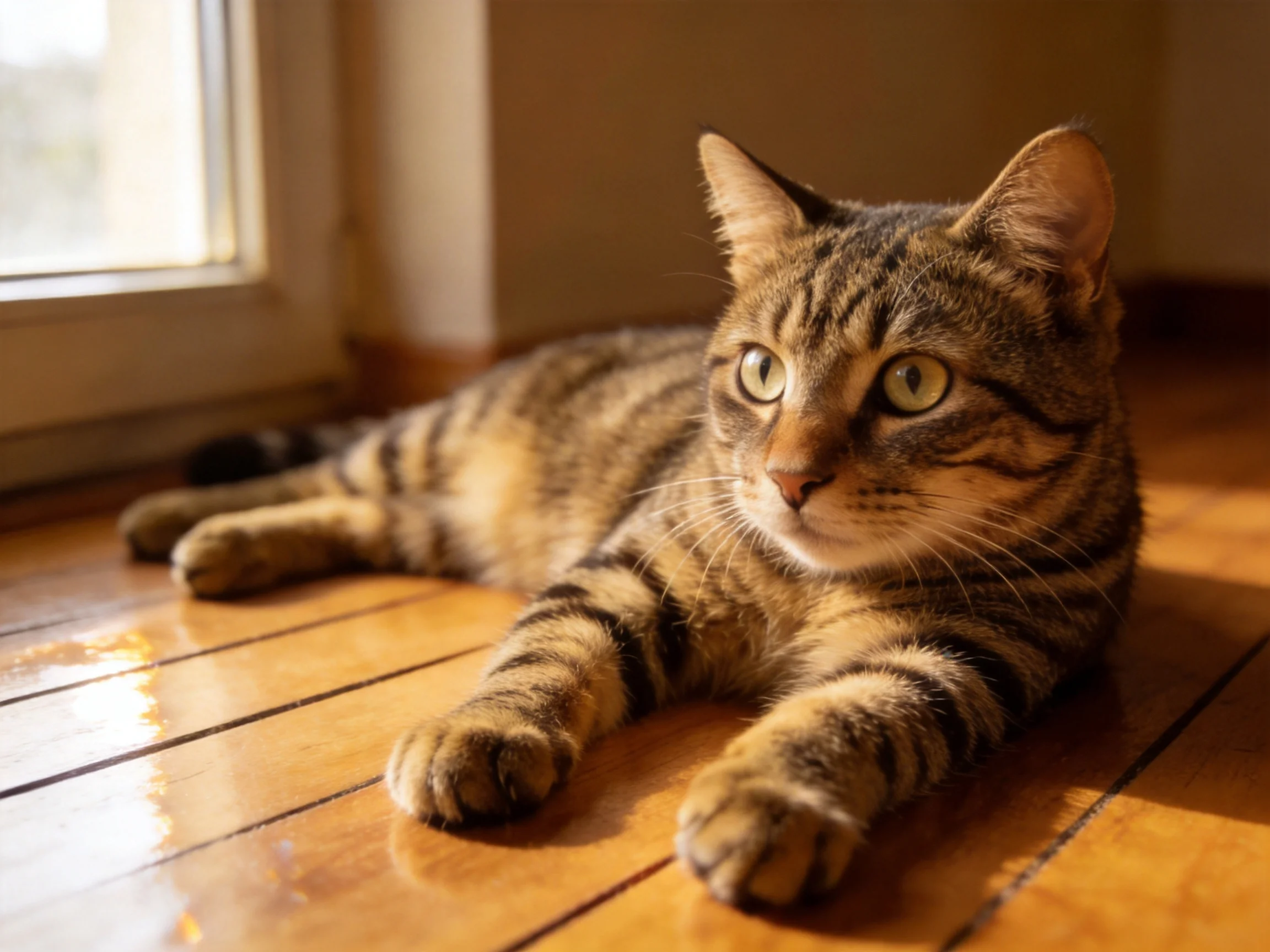 A brown tabby cat rests on shiny wood flooring next to a sunlit window.