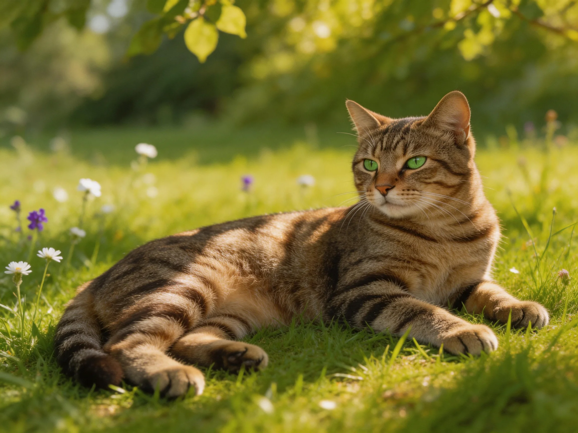 A brown tabby cat rests on sunlit green grass surrounded by wildflowers.