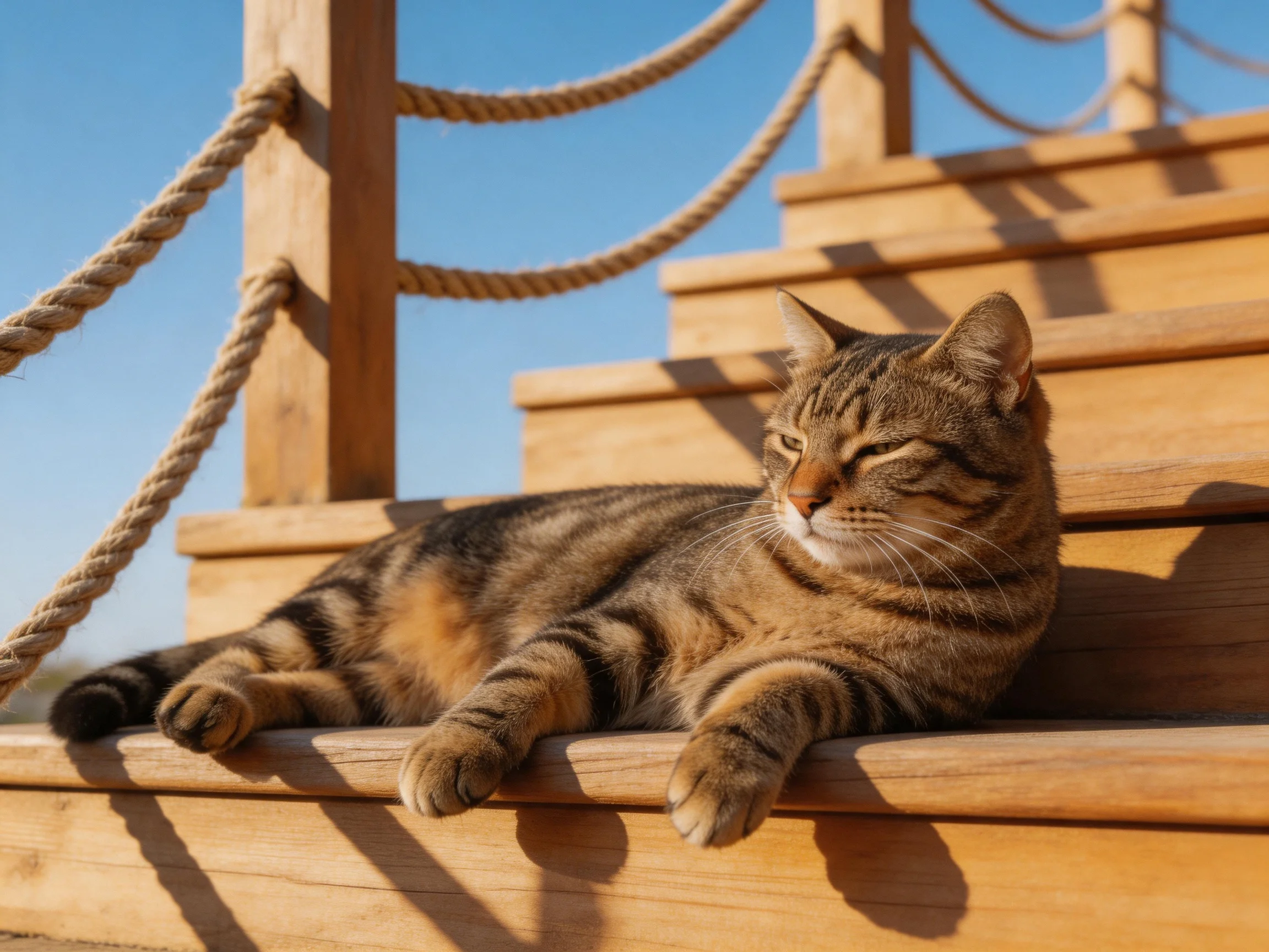 A tabby cat rests on wooden steps beside rope railings in sunny conditions.