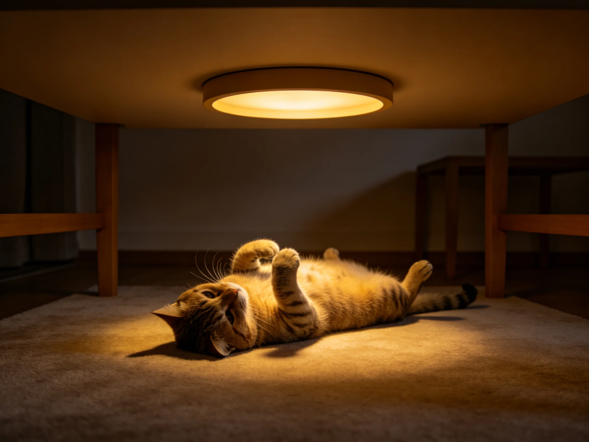 A brown tabby cat relaxes on a carpeted floor under warm overhead lighting.