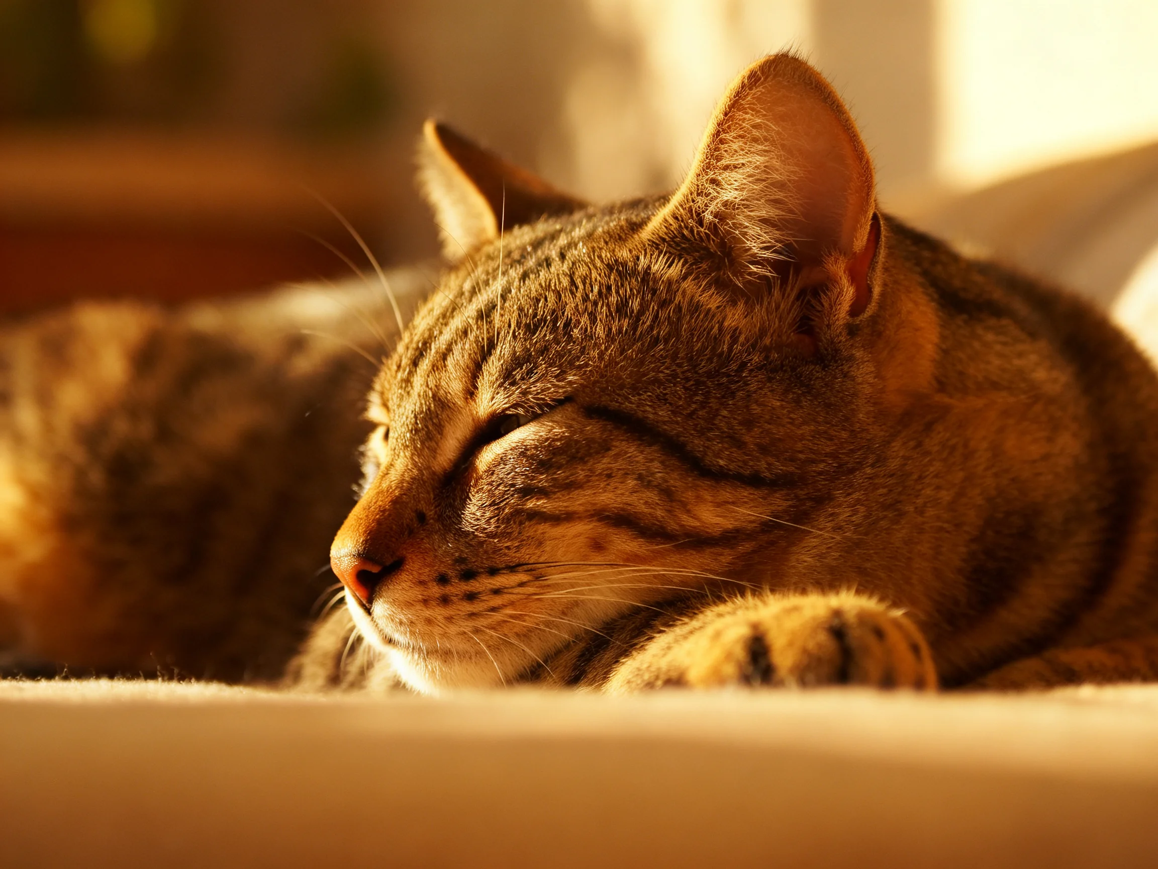 A brown tabby cat resting in warm, golden sunlight