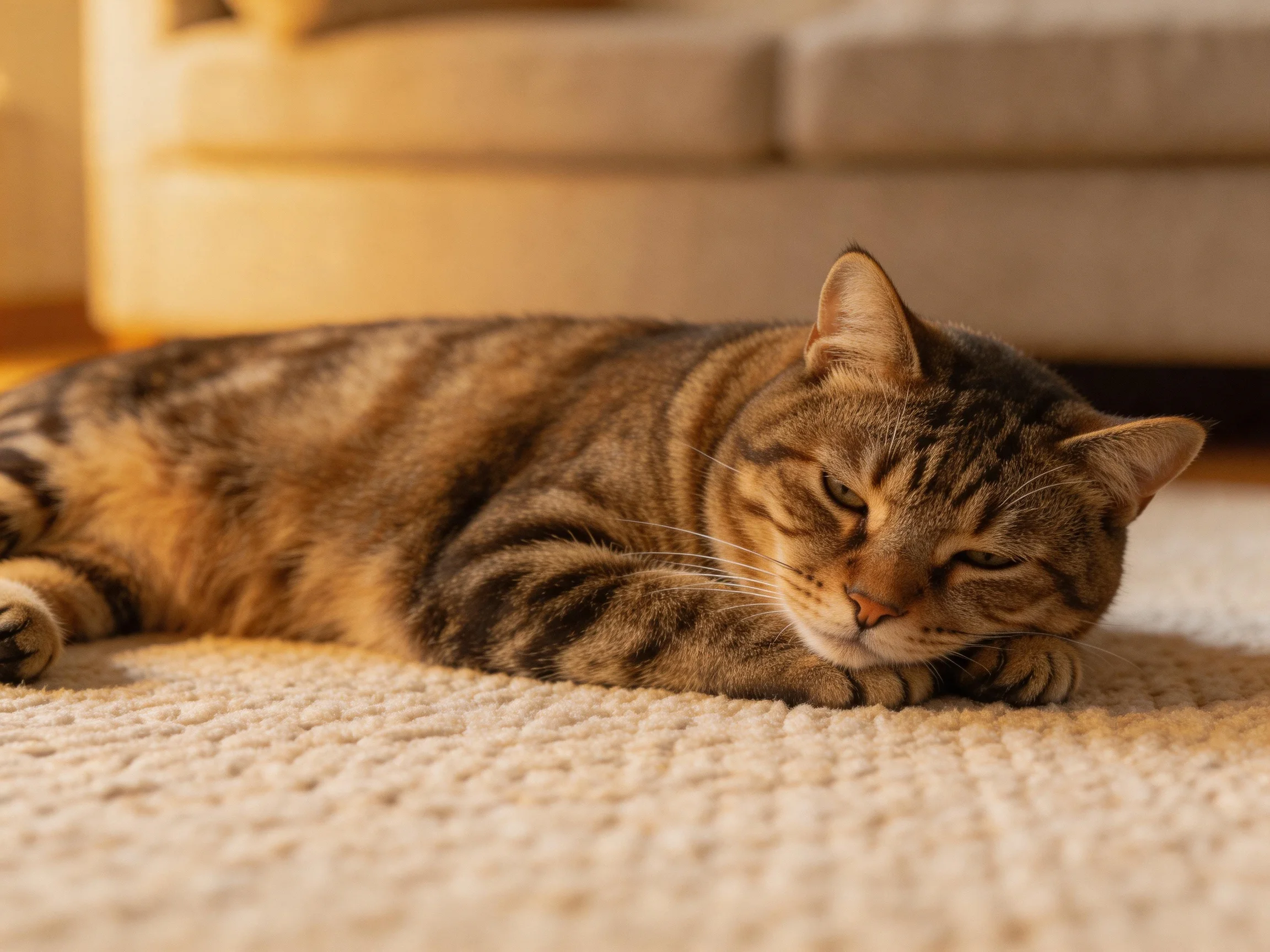 A brown tabby cat relaxes on a cream carpet near a beige sofa