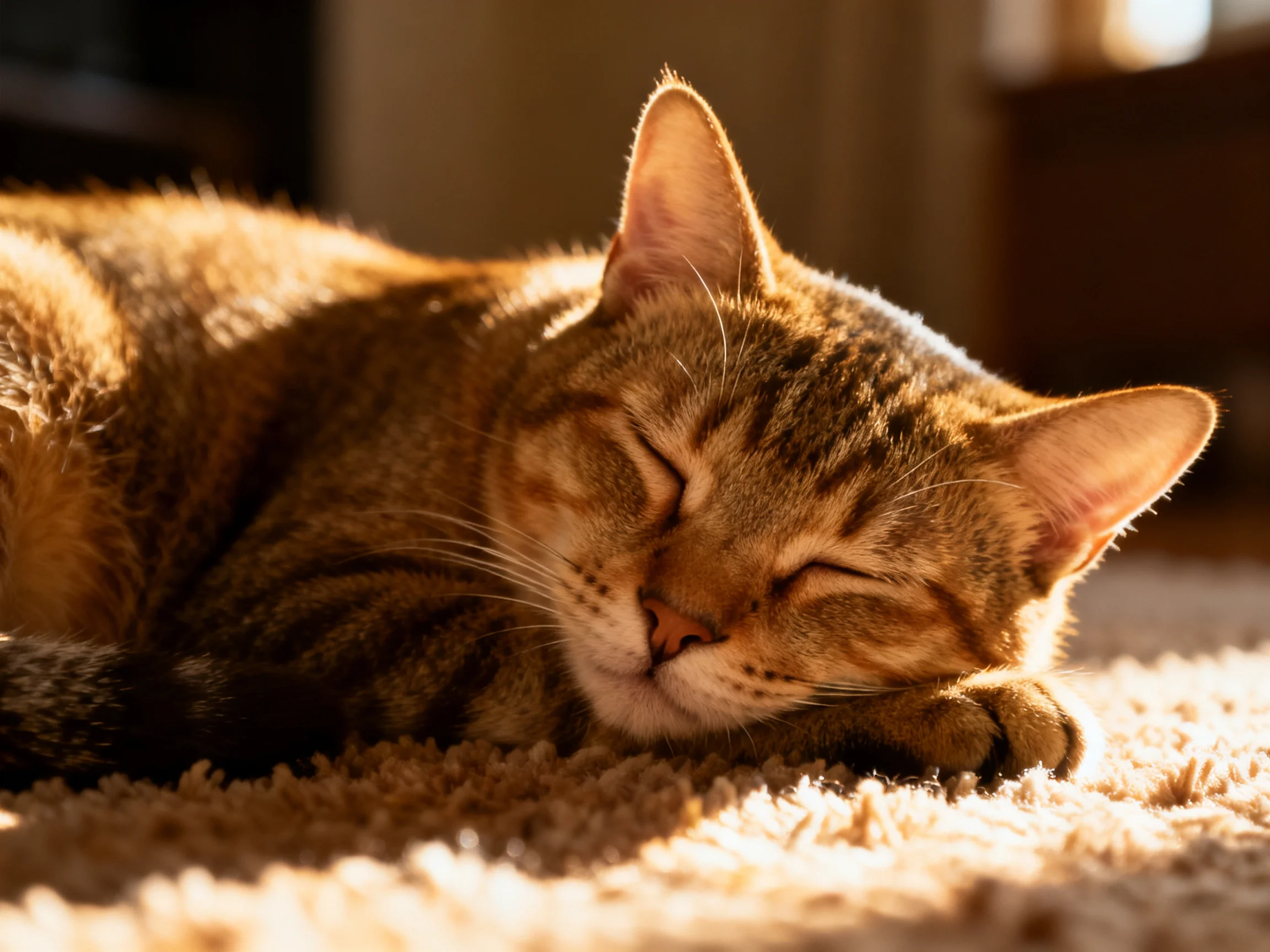 A brown tabby cat resting on a plush beige carpet in warm sunlight