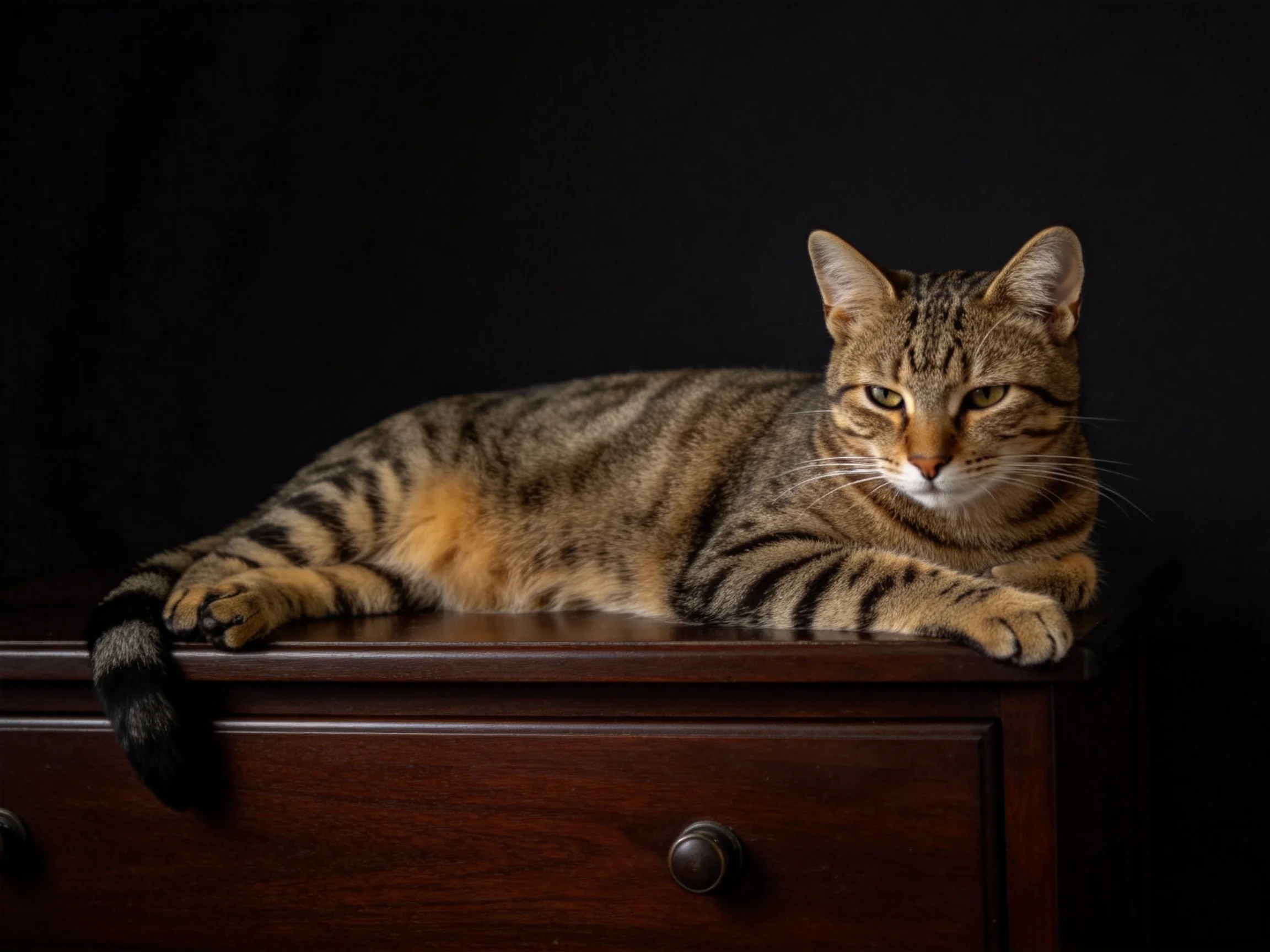 A brown tabby cat resting on a polished wooden dresser