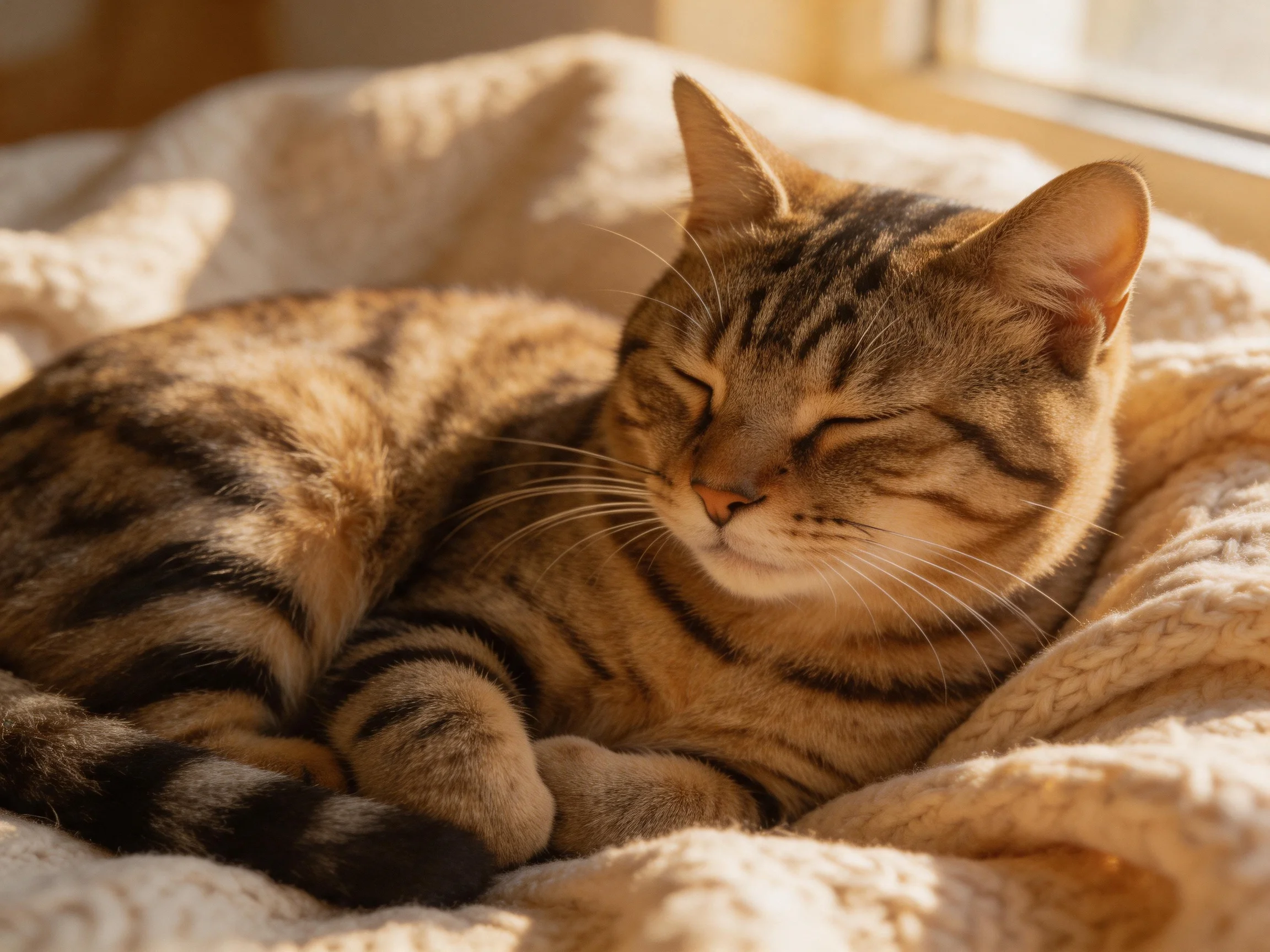 A brown tabby cat relaxes on a soft blanket in sunlight.