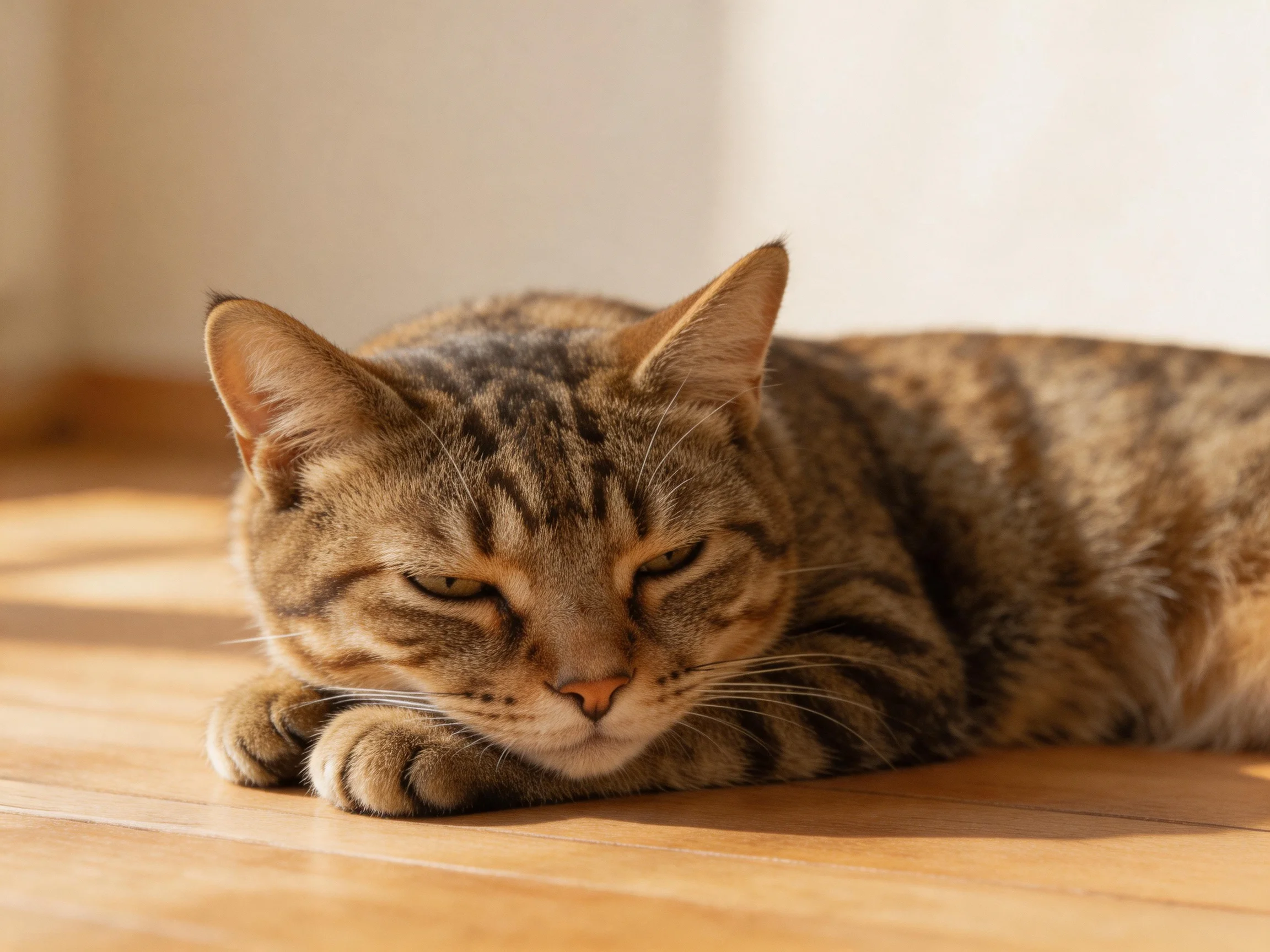 A brown tabby cat relaxes on a sunlit wooden floor.