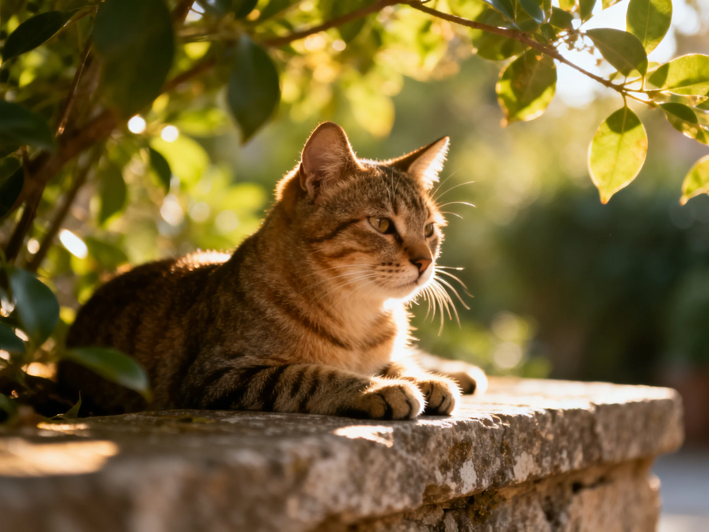 A brown tabby cat resting on a weathered stone ledge amid lush green foliage