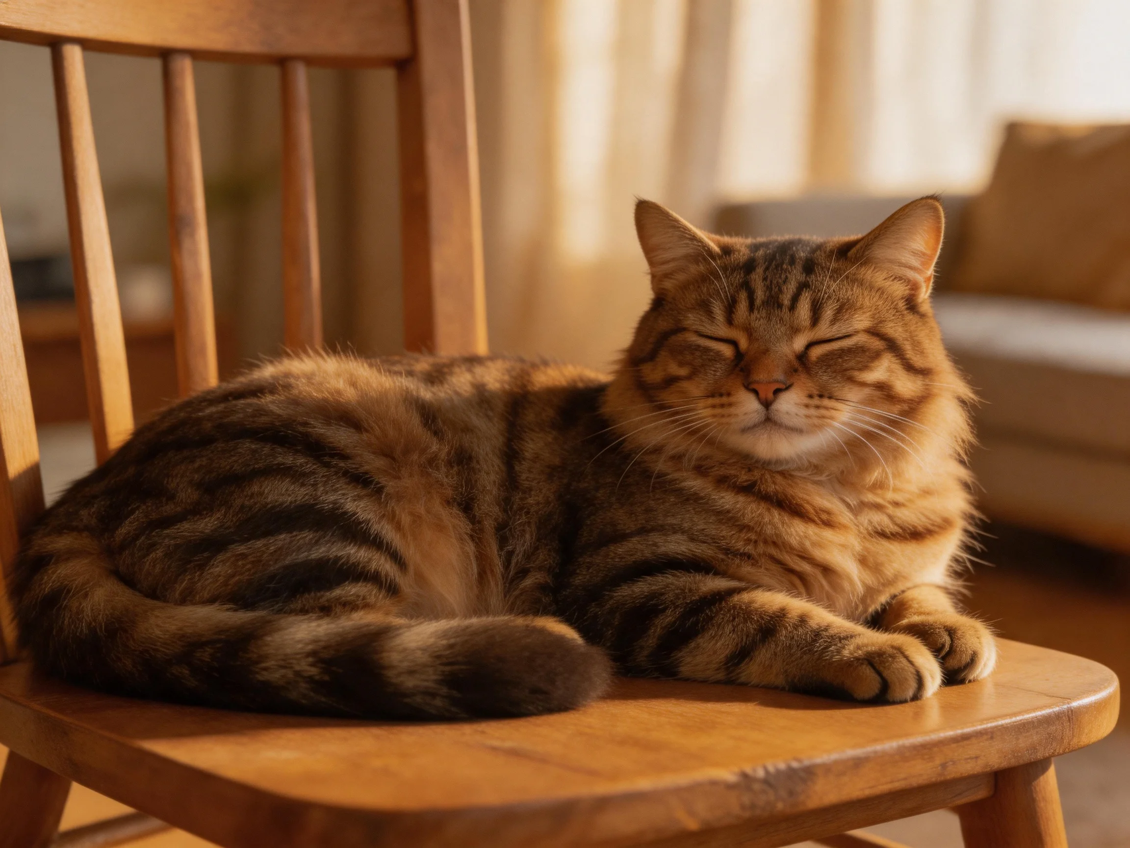 A tabby cat relaxes on a wooden chair in a cozy room.