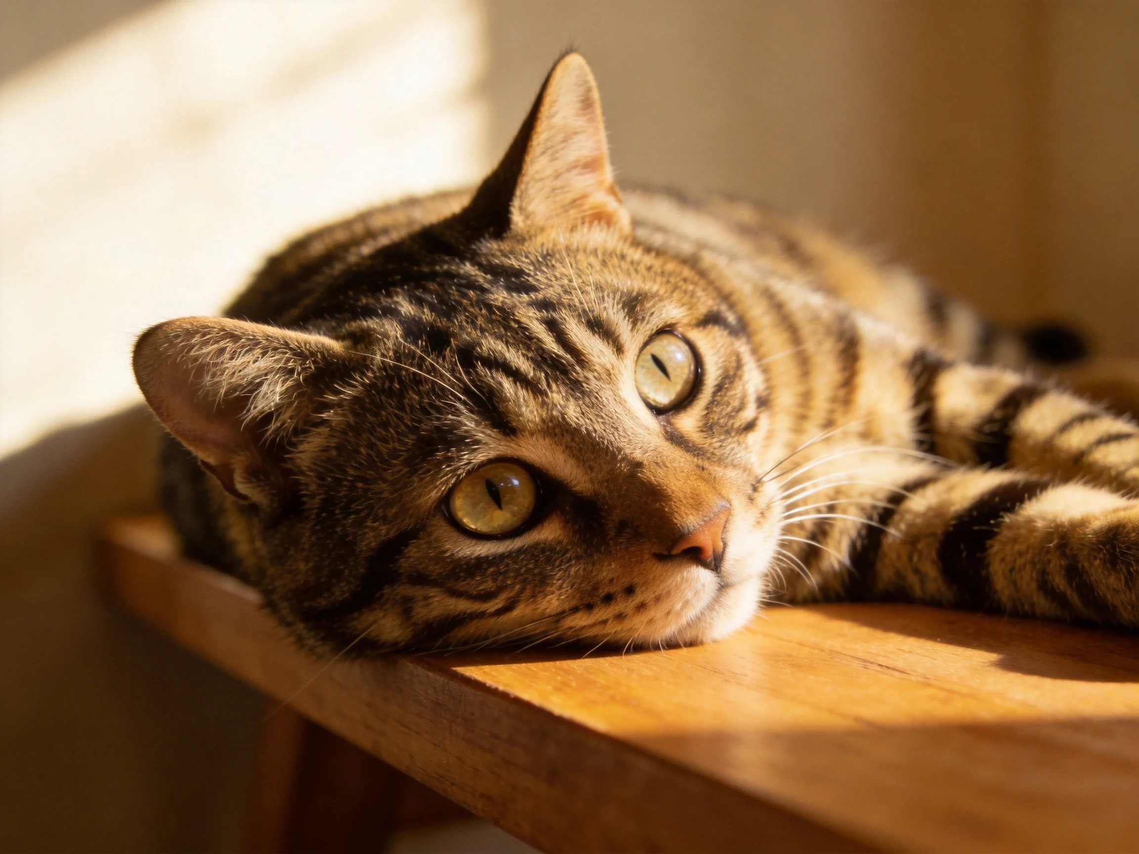 A brown tabby cat rests on a wooden ledge lit by warm sunlight