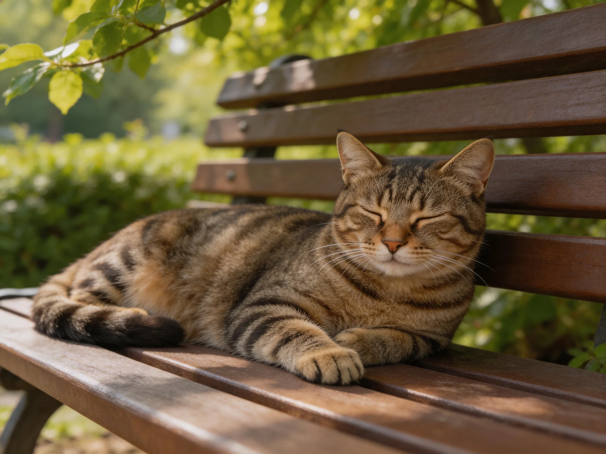 A brown-tabby cat resting on a wooden park bench
