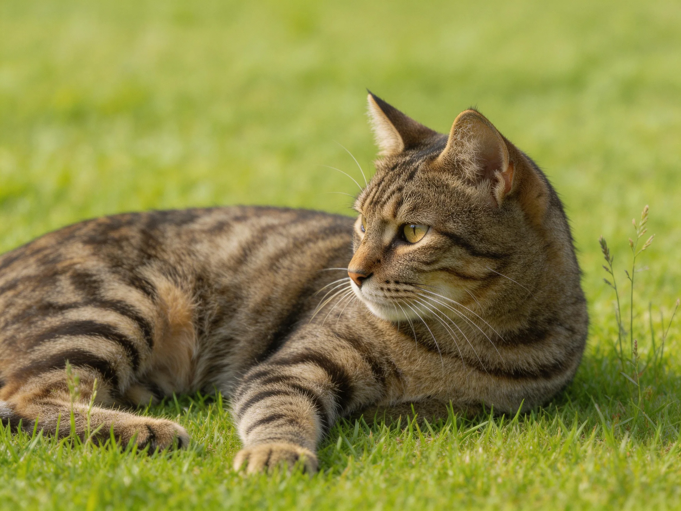 A brown tabby cat relaxes on green grass.