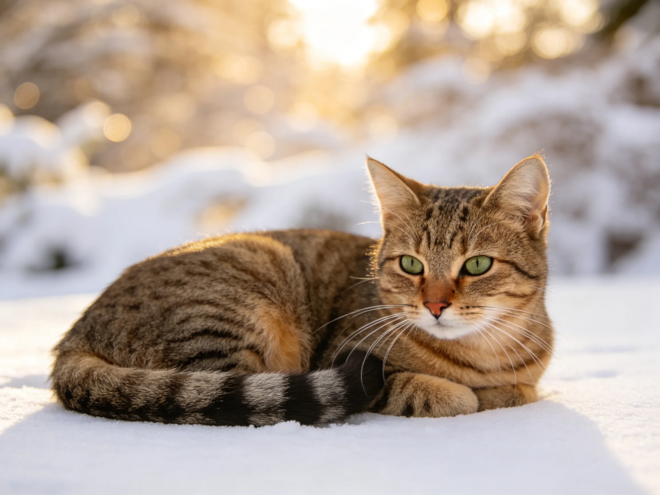A brown tabby cat rests on snow in a sunlit environment.