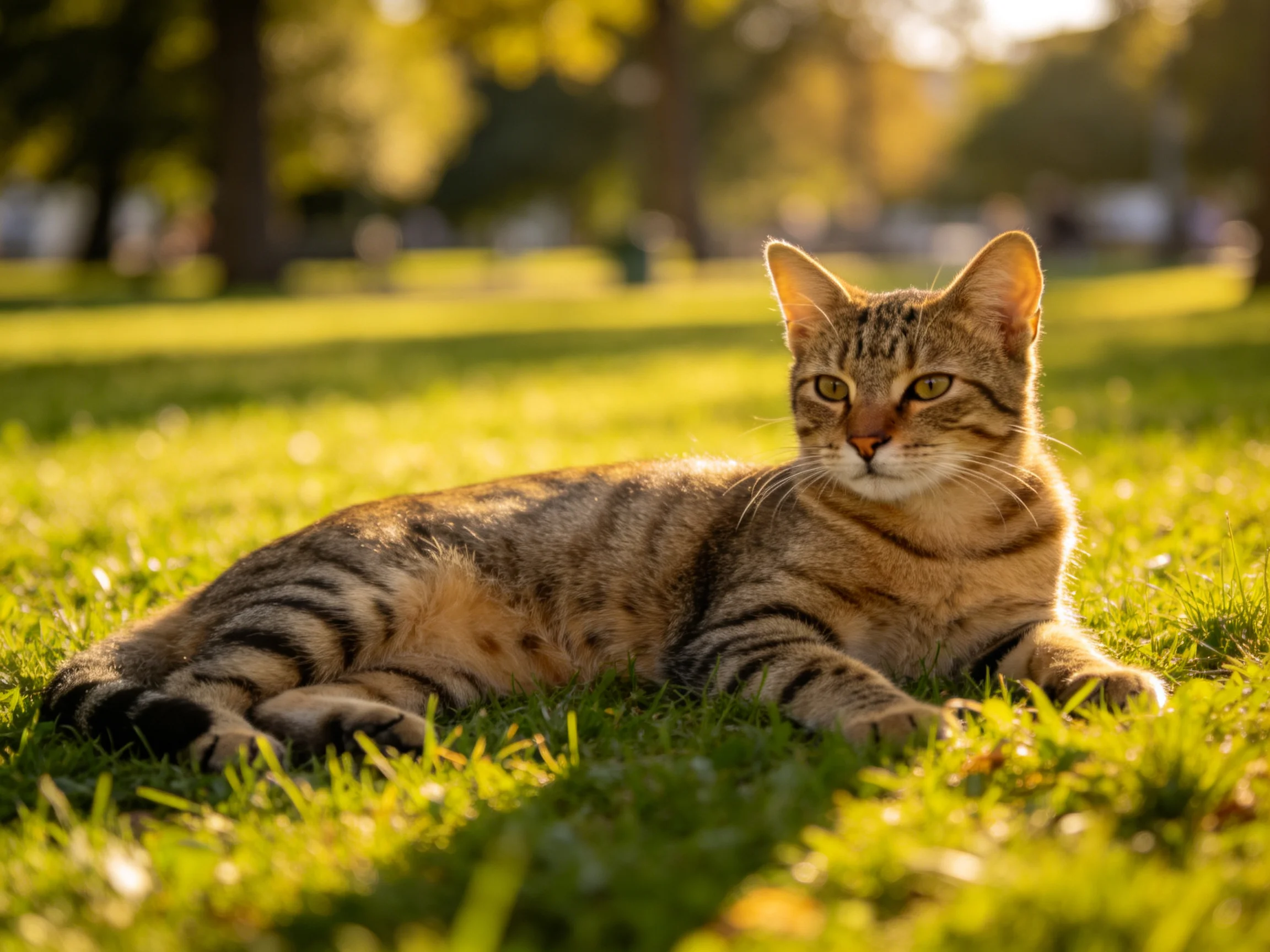 A brown tabby cat relaxes on sunlit green grass in a park.