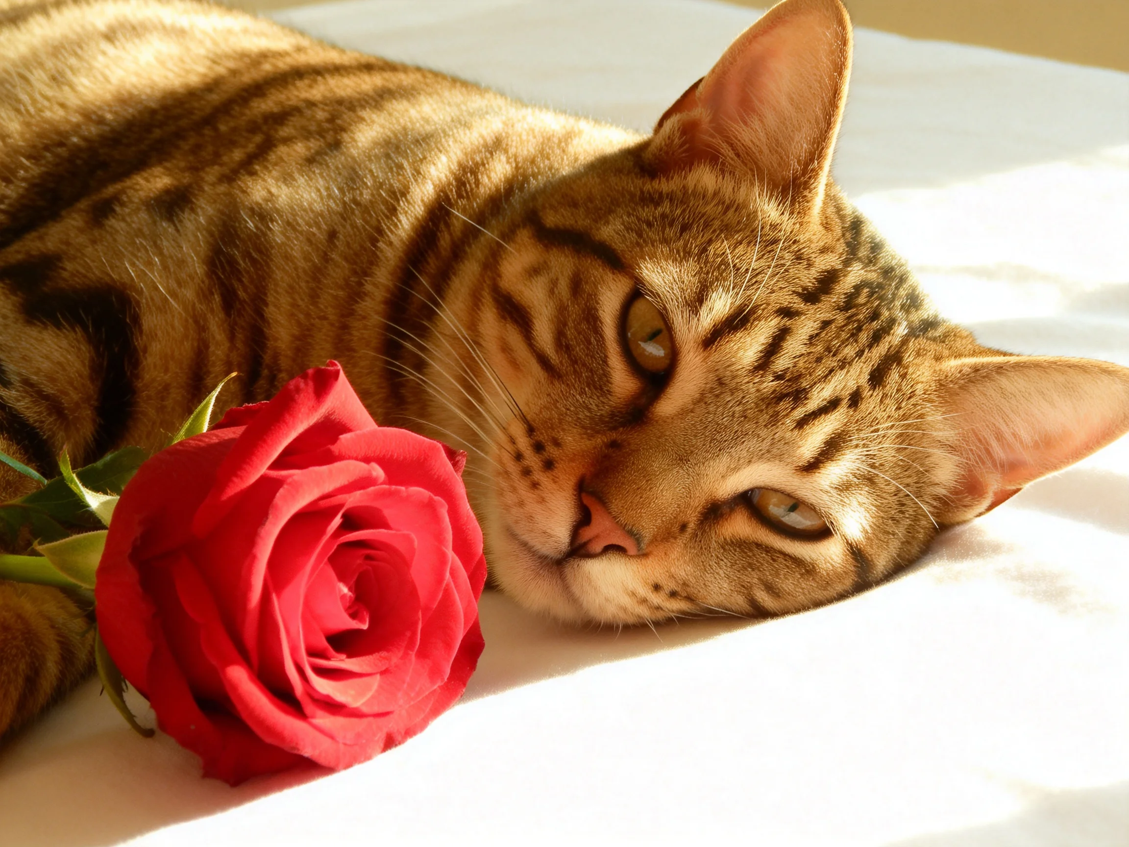 A tabby cat rests next to a red rose on a white surface