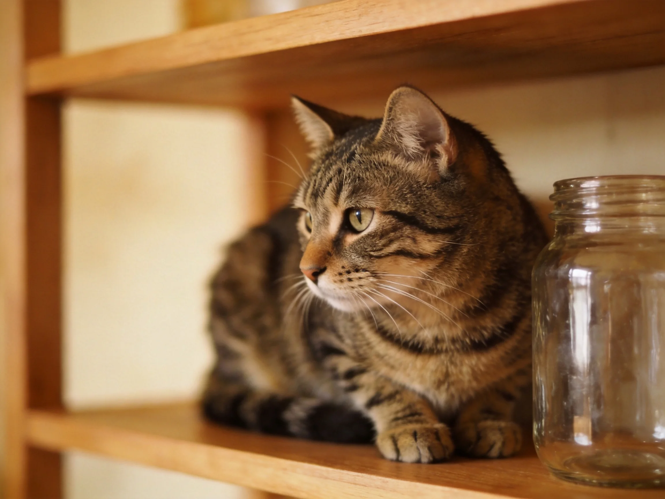 A brown tabby cat sits next to a glass jar on a wooden shelf.