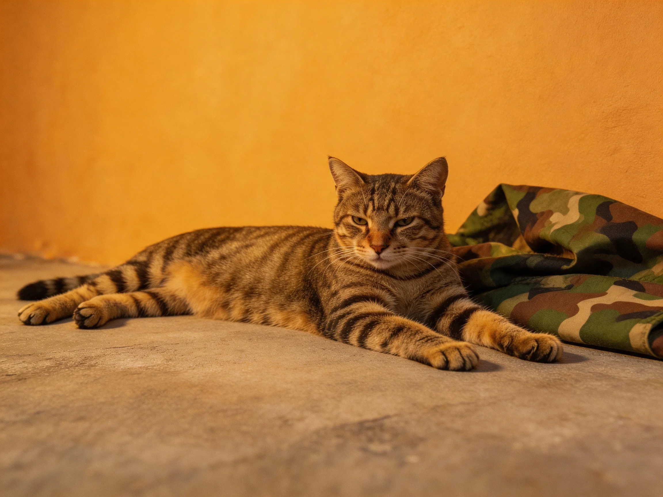 A brown tabby cat relaxes beside camouflage fabric near an orange wall.