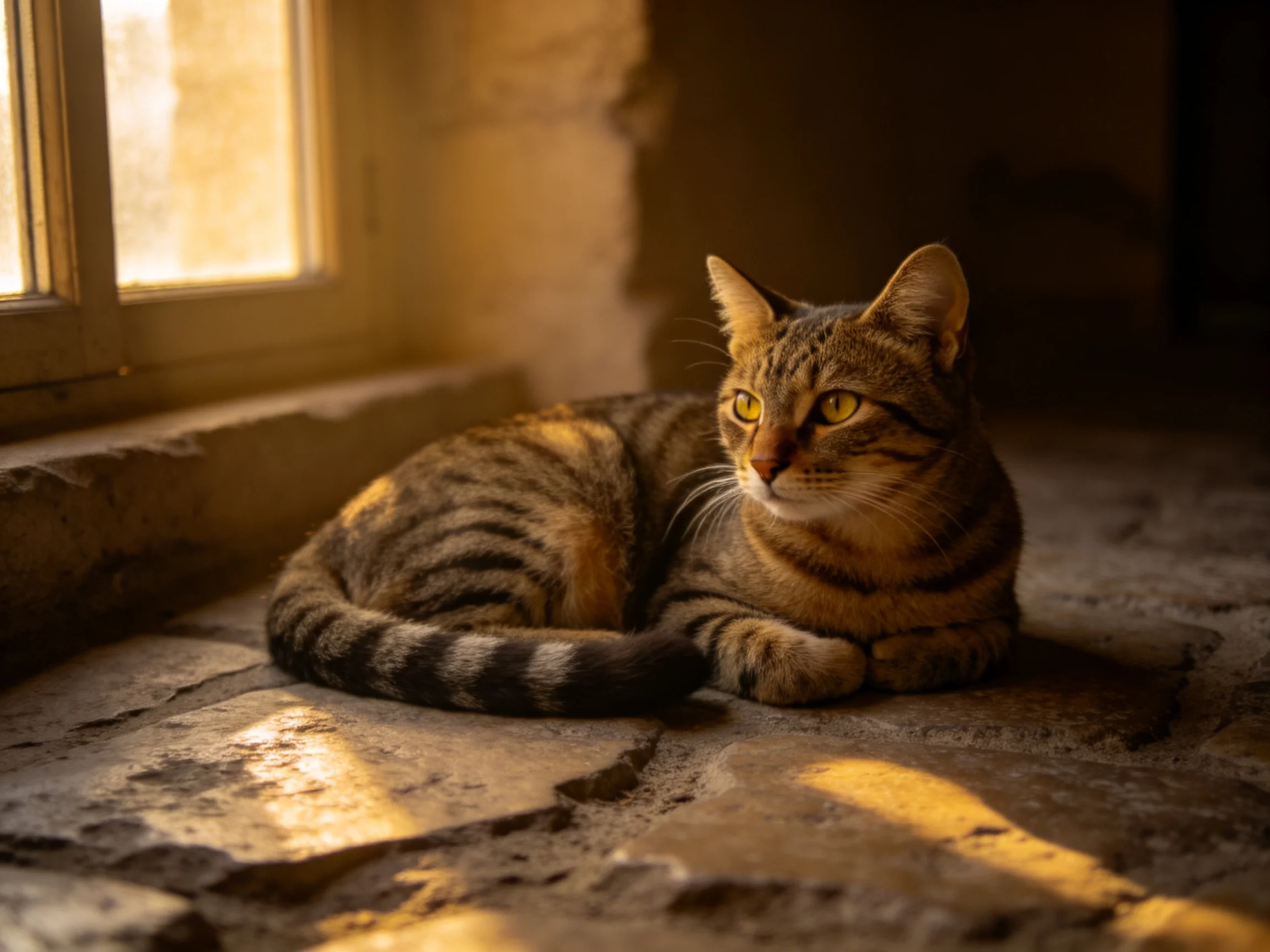 A brown tabby cat rests near an old wooden window with golden sunlight
