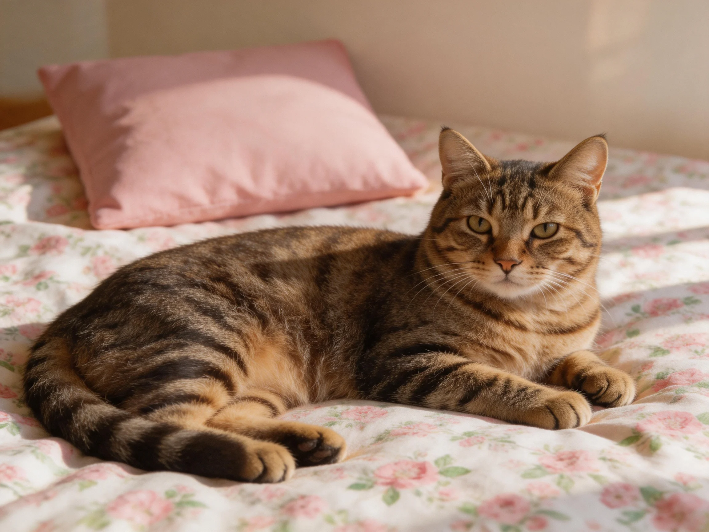 A brown tabby cat rests on a floral bedspread near a pink pillow