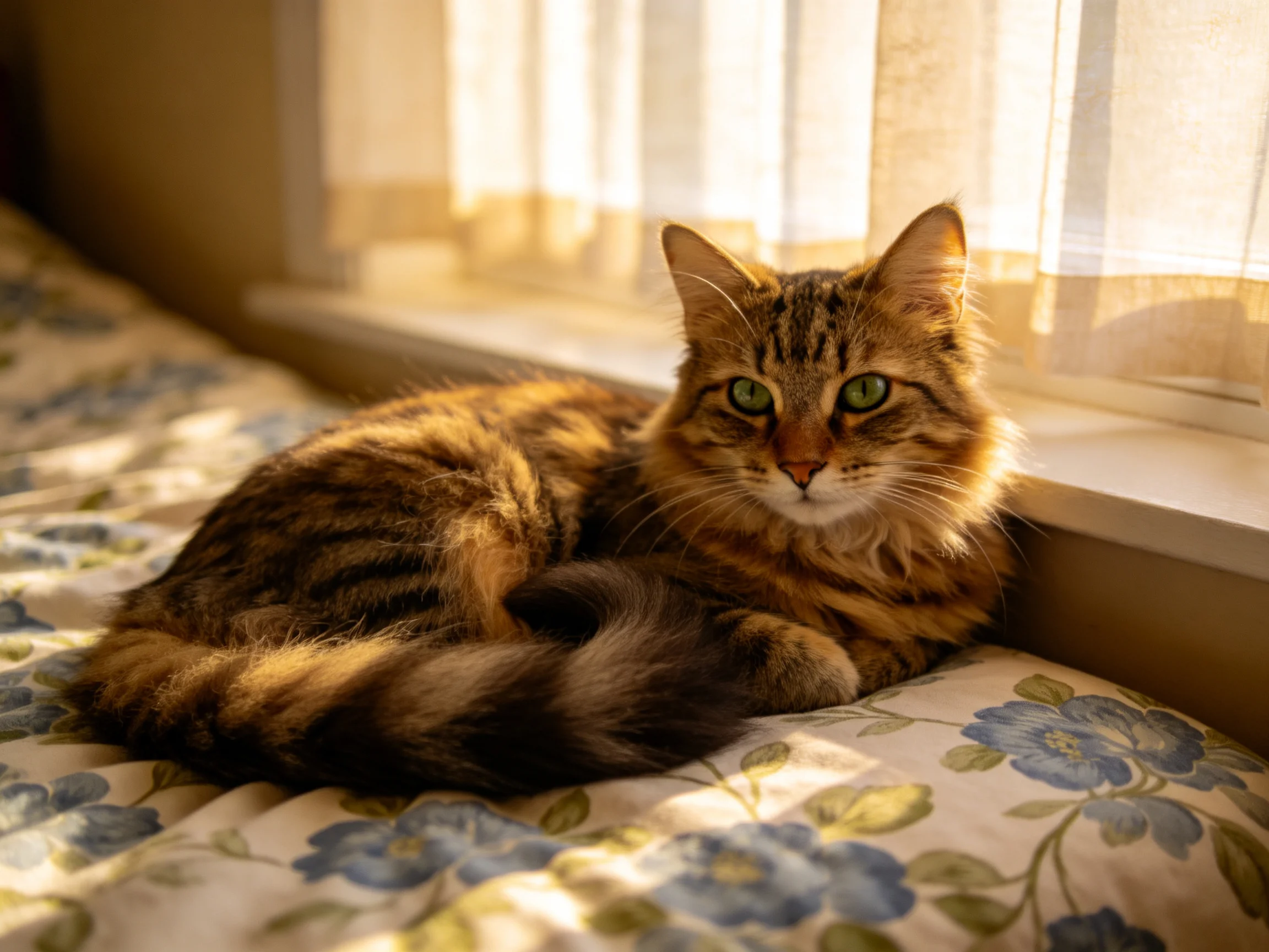 A brown tabby cat rests on a floral cushion by a sunlit window