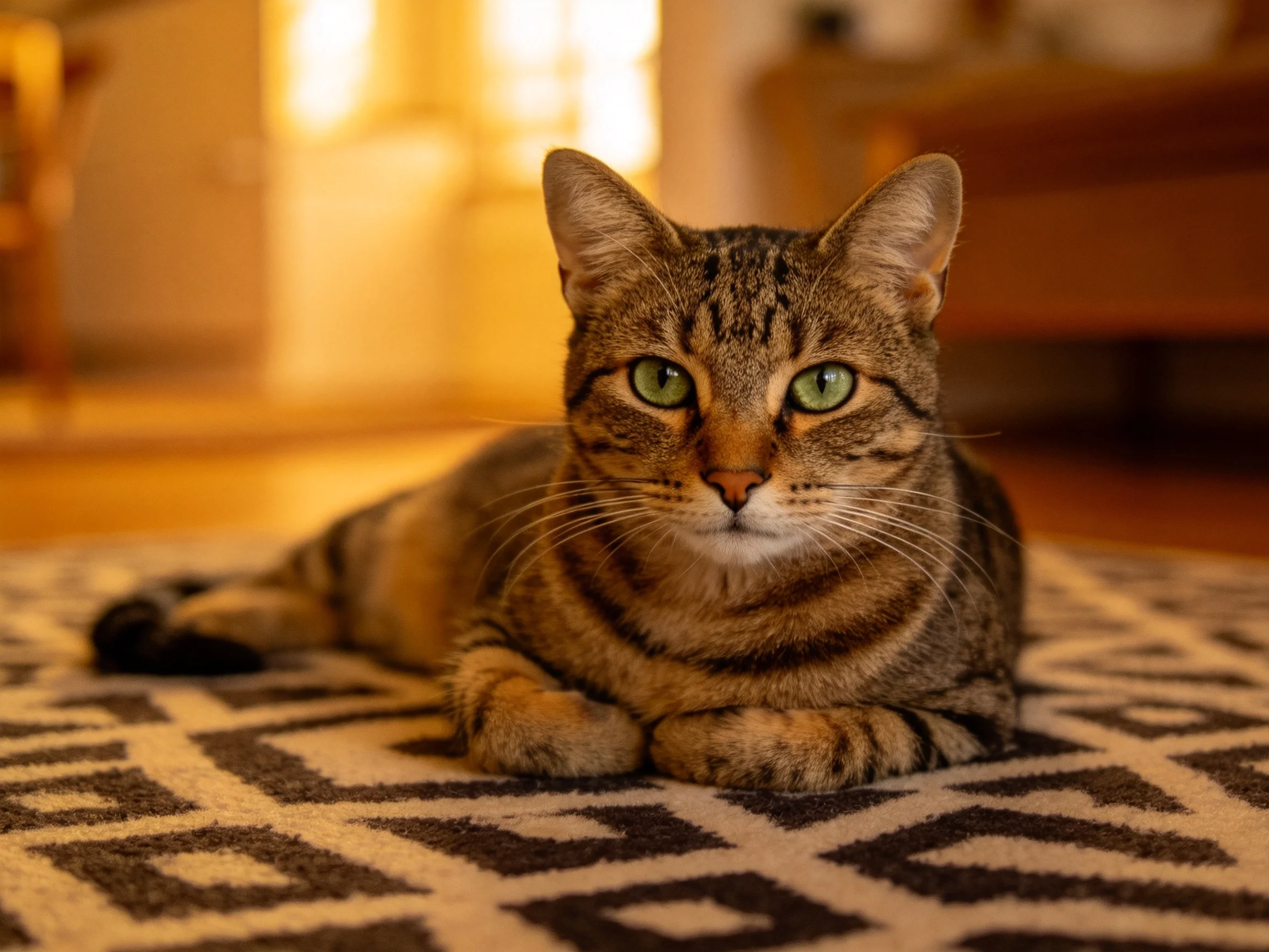 A brown tabby cat rests on a geometric-patterned rug in a warmly lit room