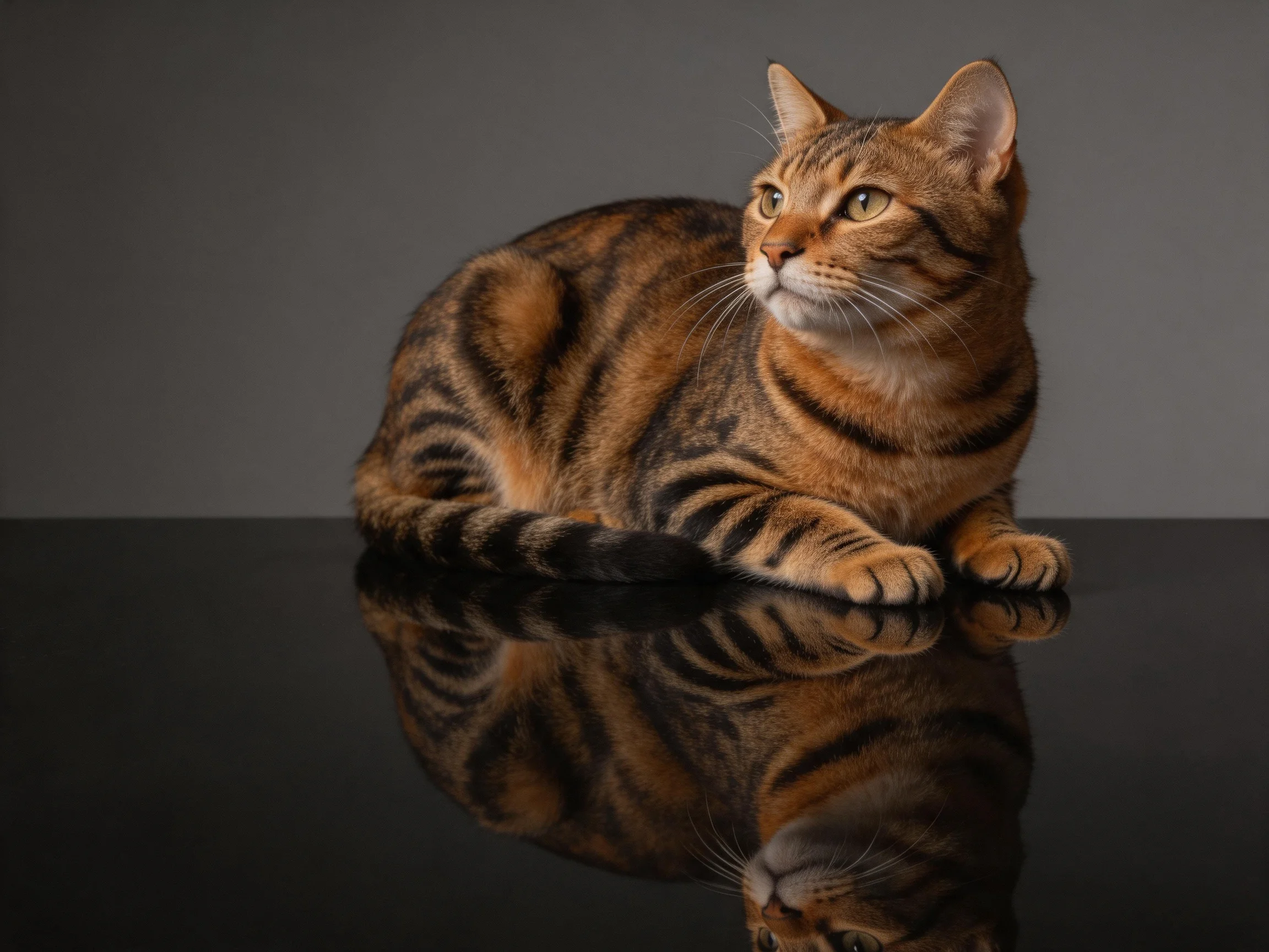 A brown tabby cat sits on a glossy surface showing its reflection