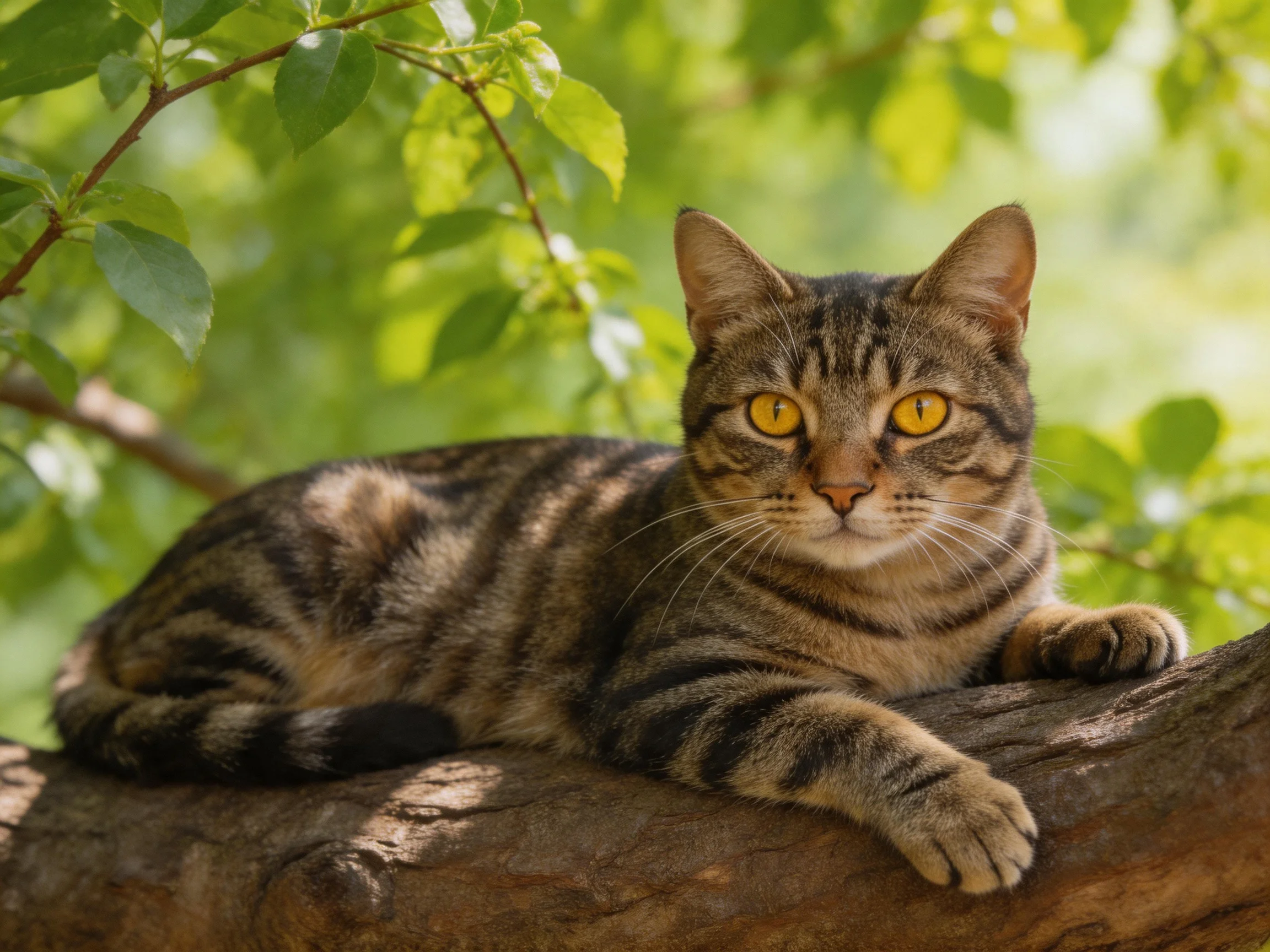 A brown-tabby cat rests on a gnarled tree branch amid green leaves