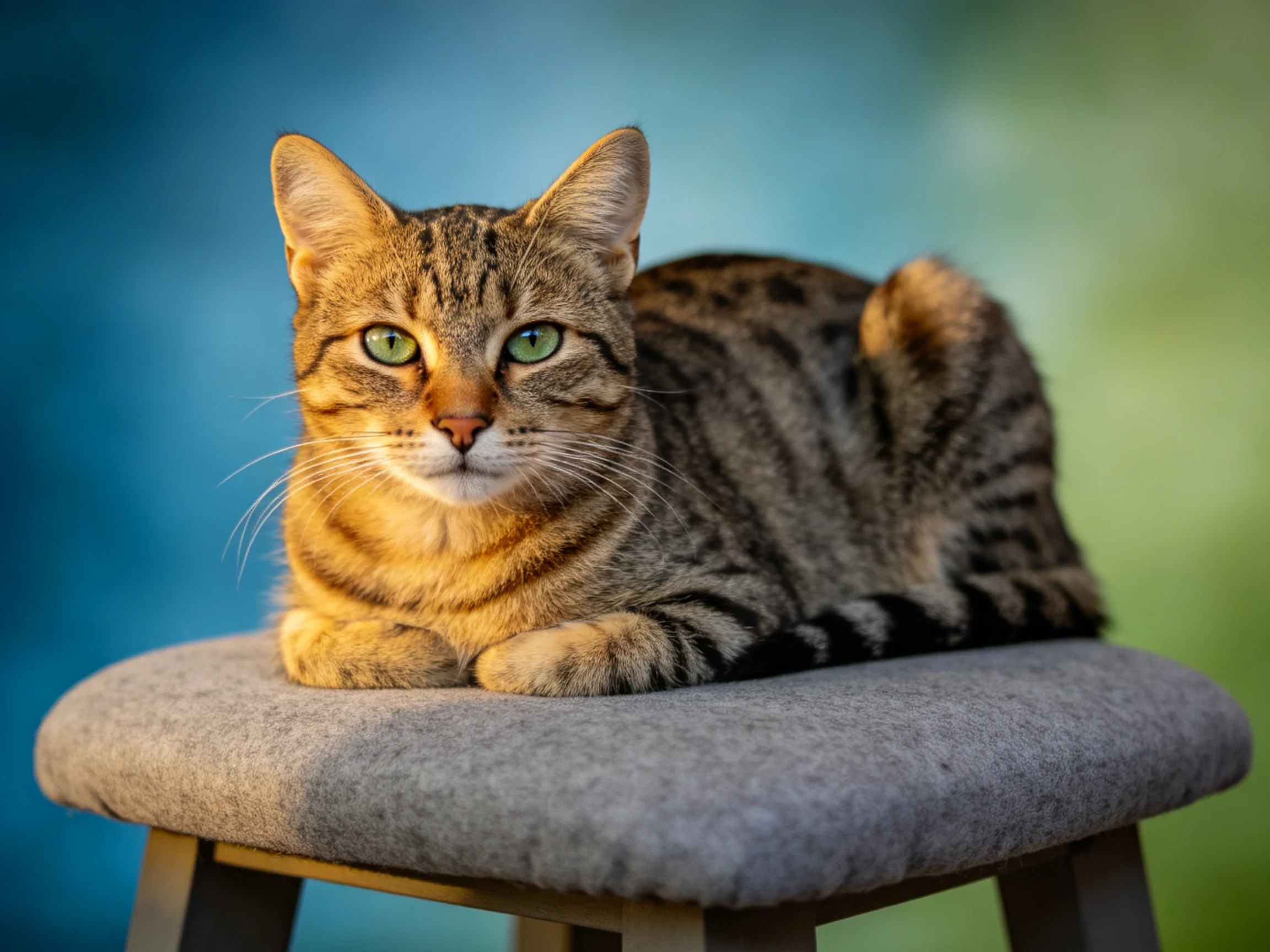 A brown tabby cat rests on a gray cushioned stool with blue-green backdrop