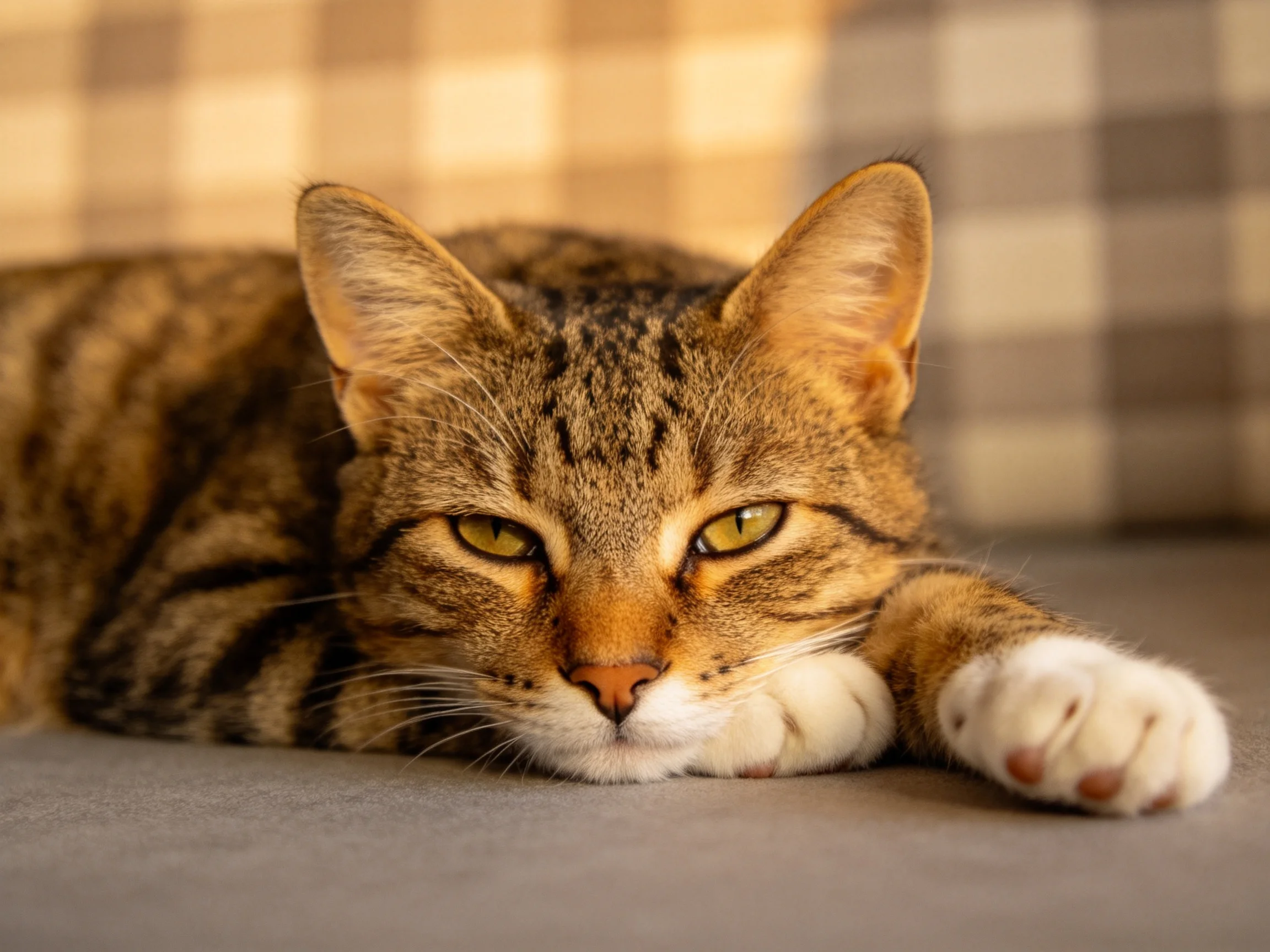 A brown tabby cat rests on a gray surface near a checkered cushion