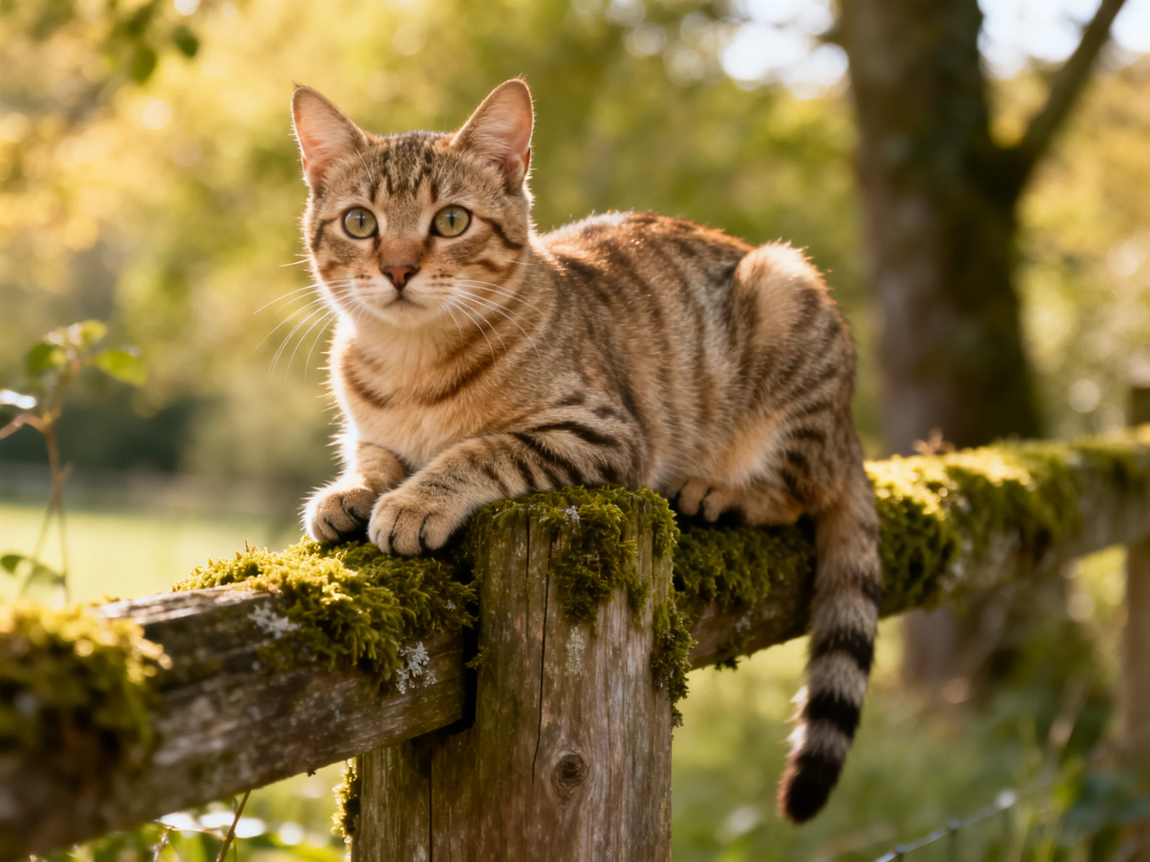 A brown tabby cat rests on a moss-covered wooden fence in sunlight