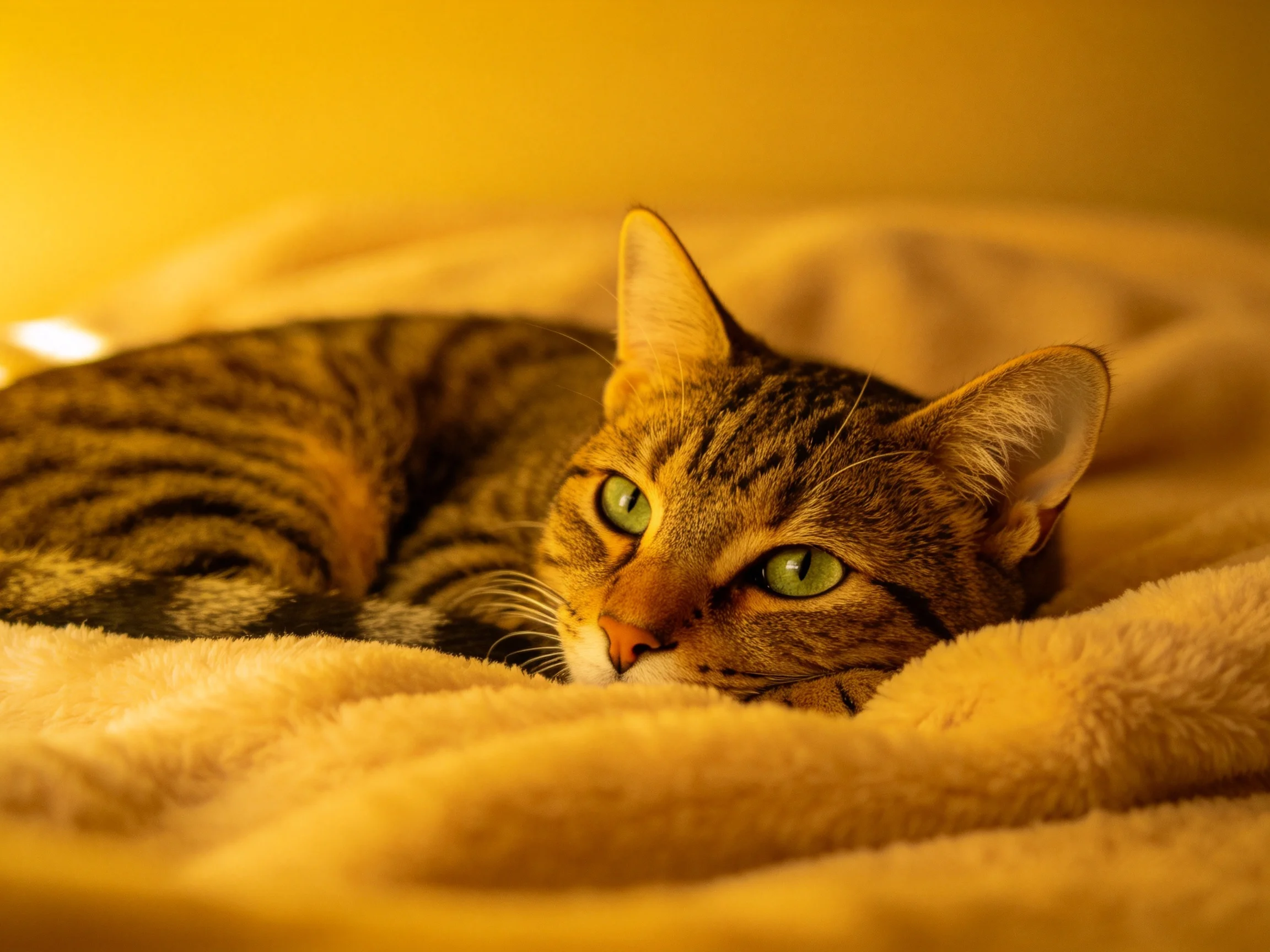 A brown tabby cat rests on a soft beige blanket with warm lighting