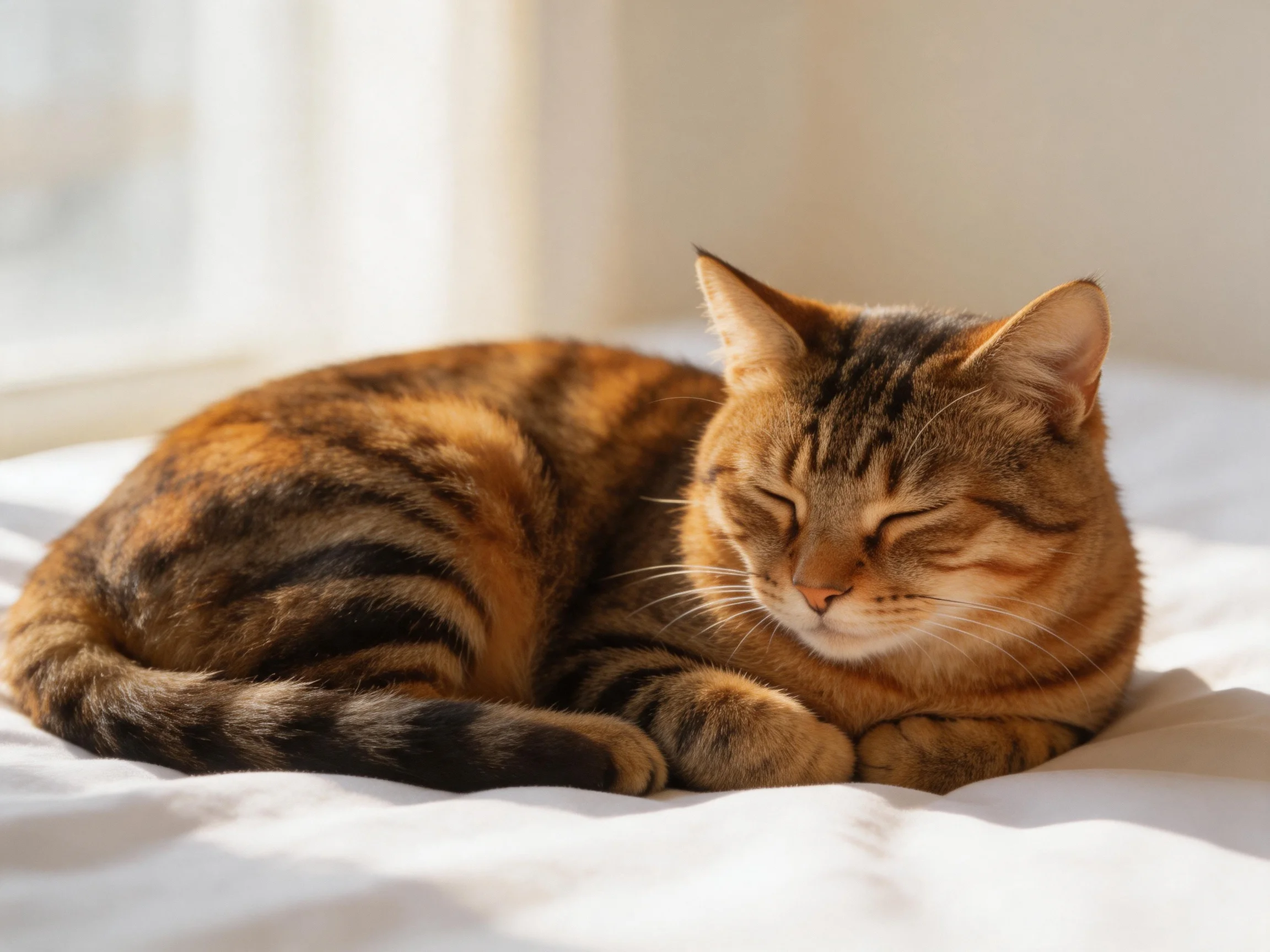 A brown tabby cat relaxes on a white bed in a sunlit room.