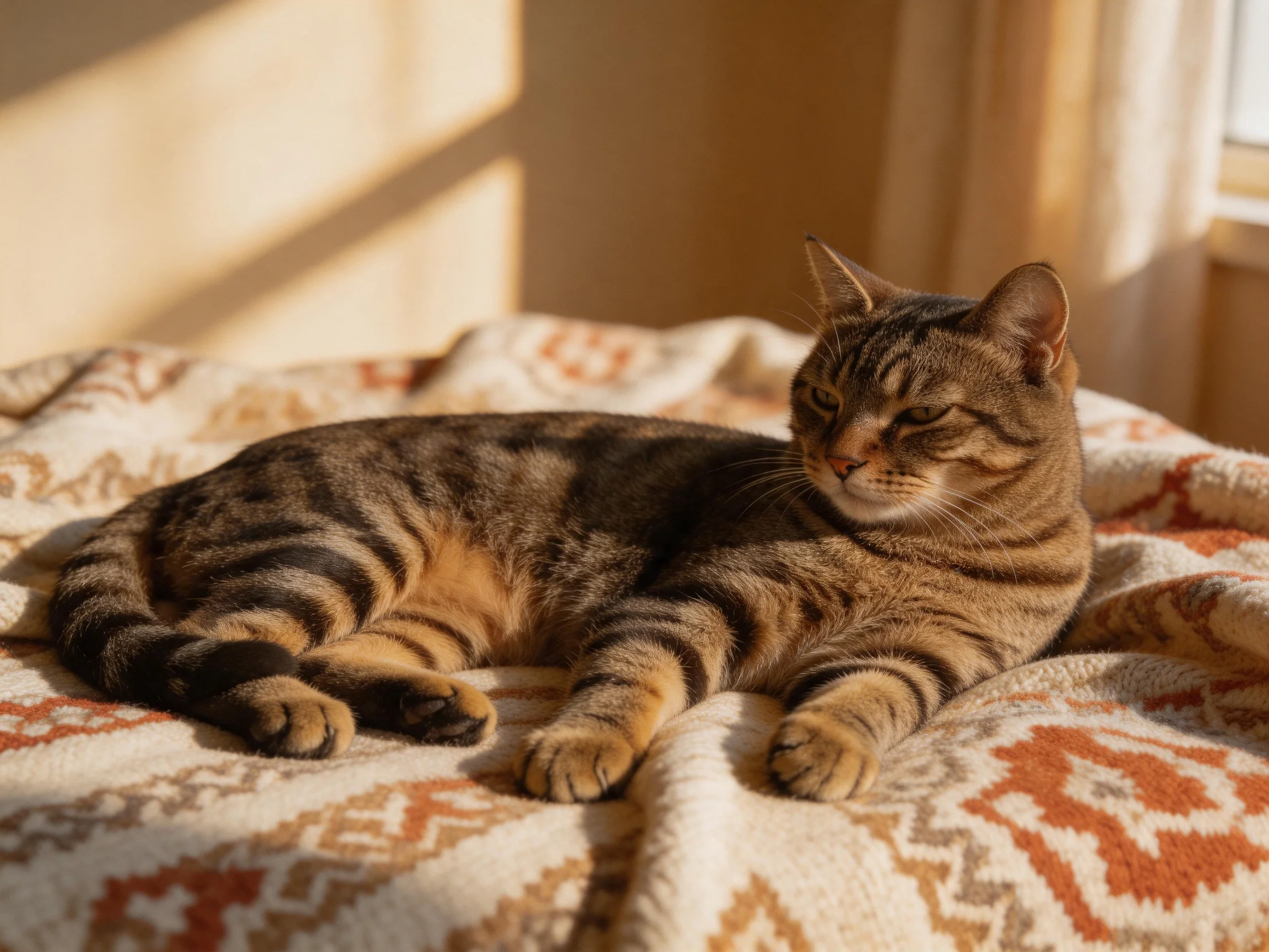 A brown tabby cat relaxes on an ornate blanket in a sunlit room.