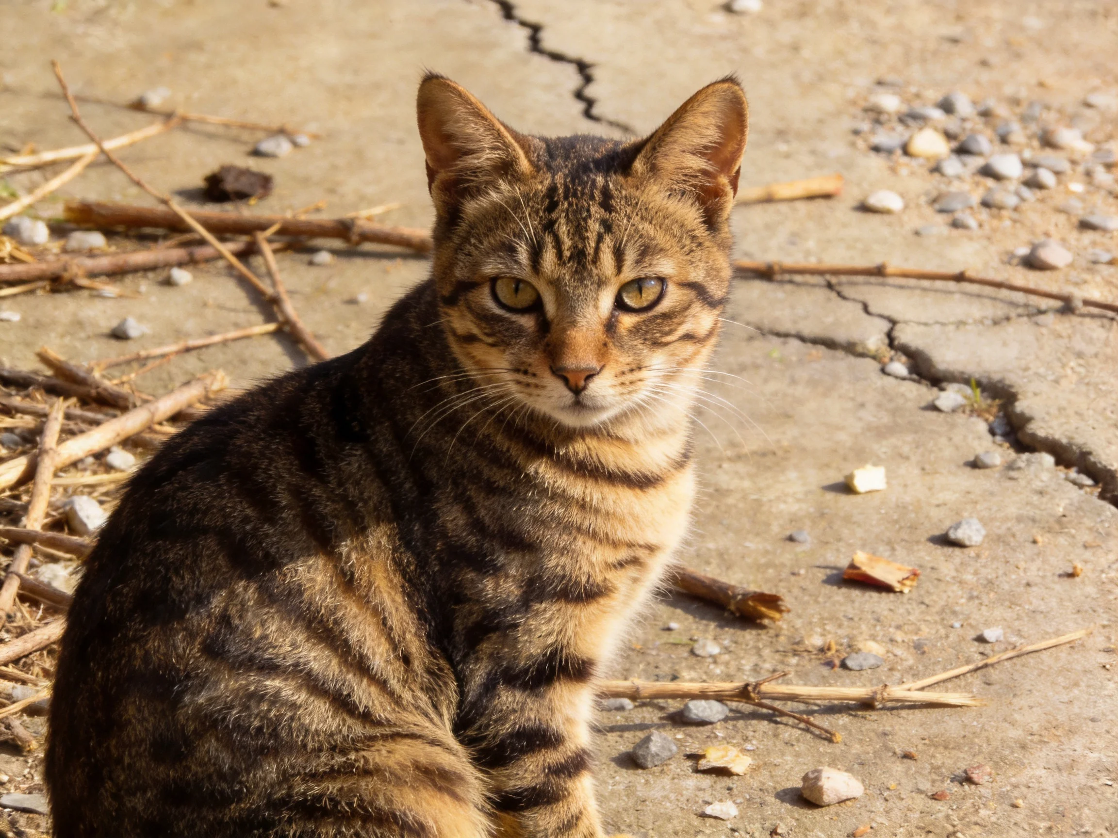 A brown tabby cat rests on cracked concrete near scattered twigs
