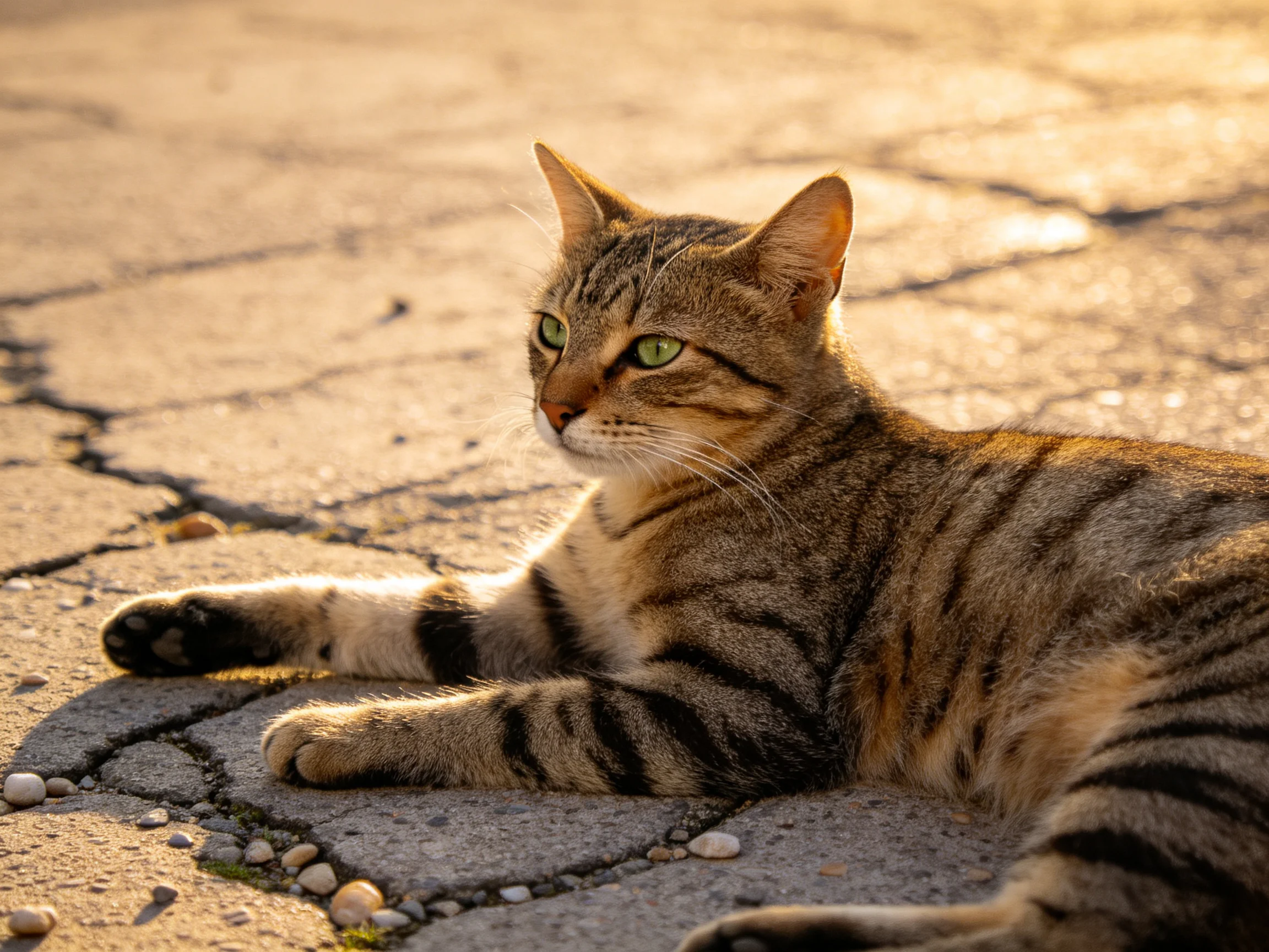 A brown-tabby cat rests on cracked pavement in golden sunlight