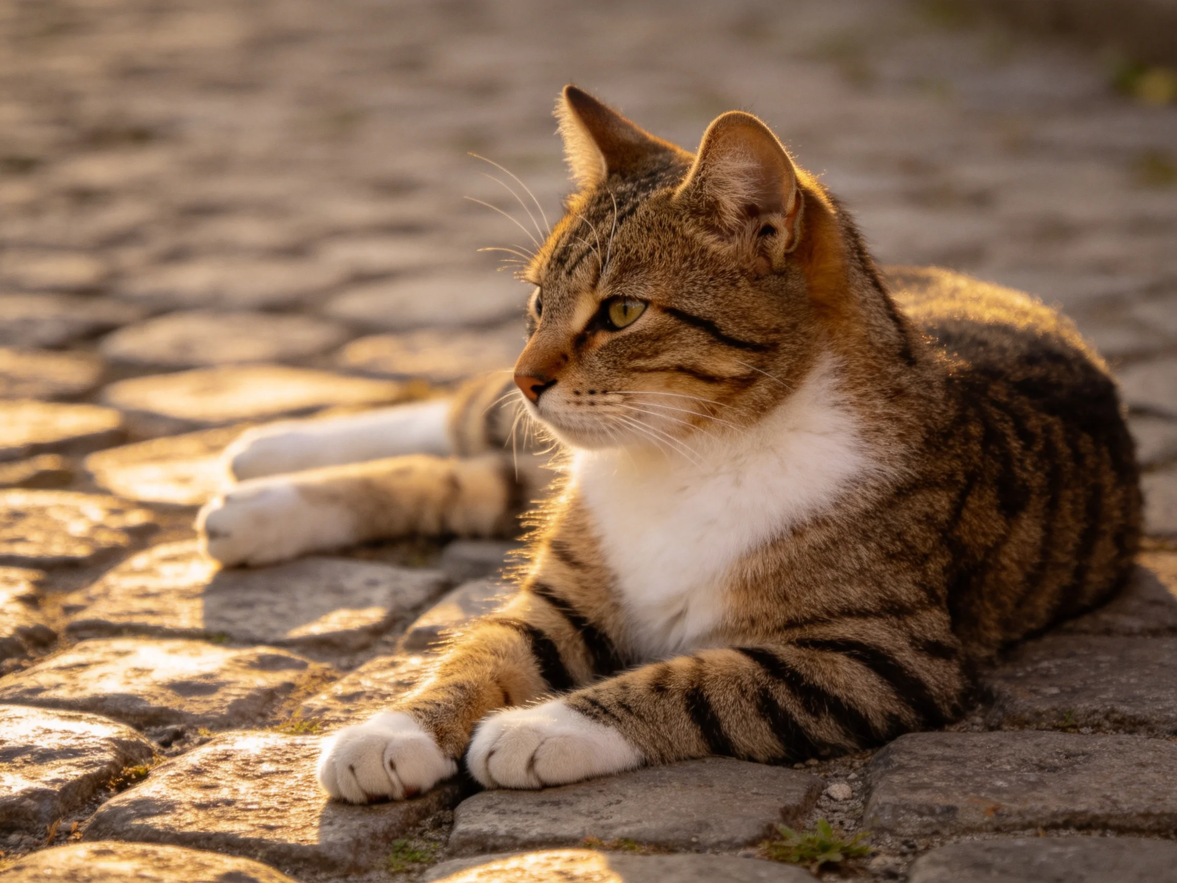 A tabby cat with white markings relaxes on sunlit cobblestones.