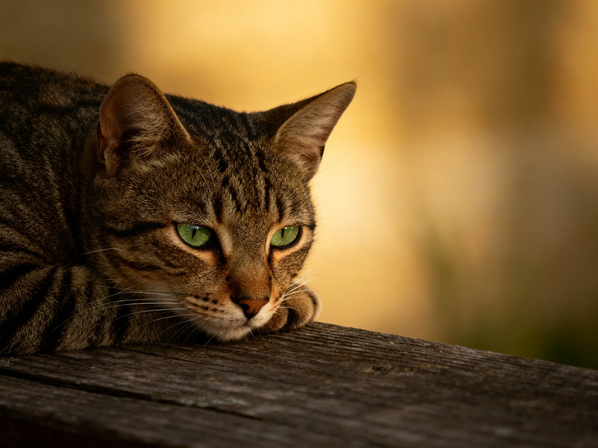 A brown tabby cat rests on a wooden surface amid soft golden lighting.