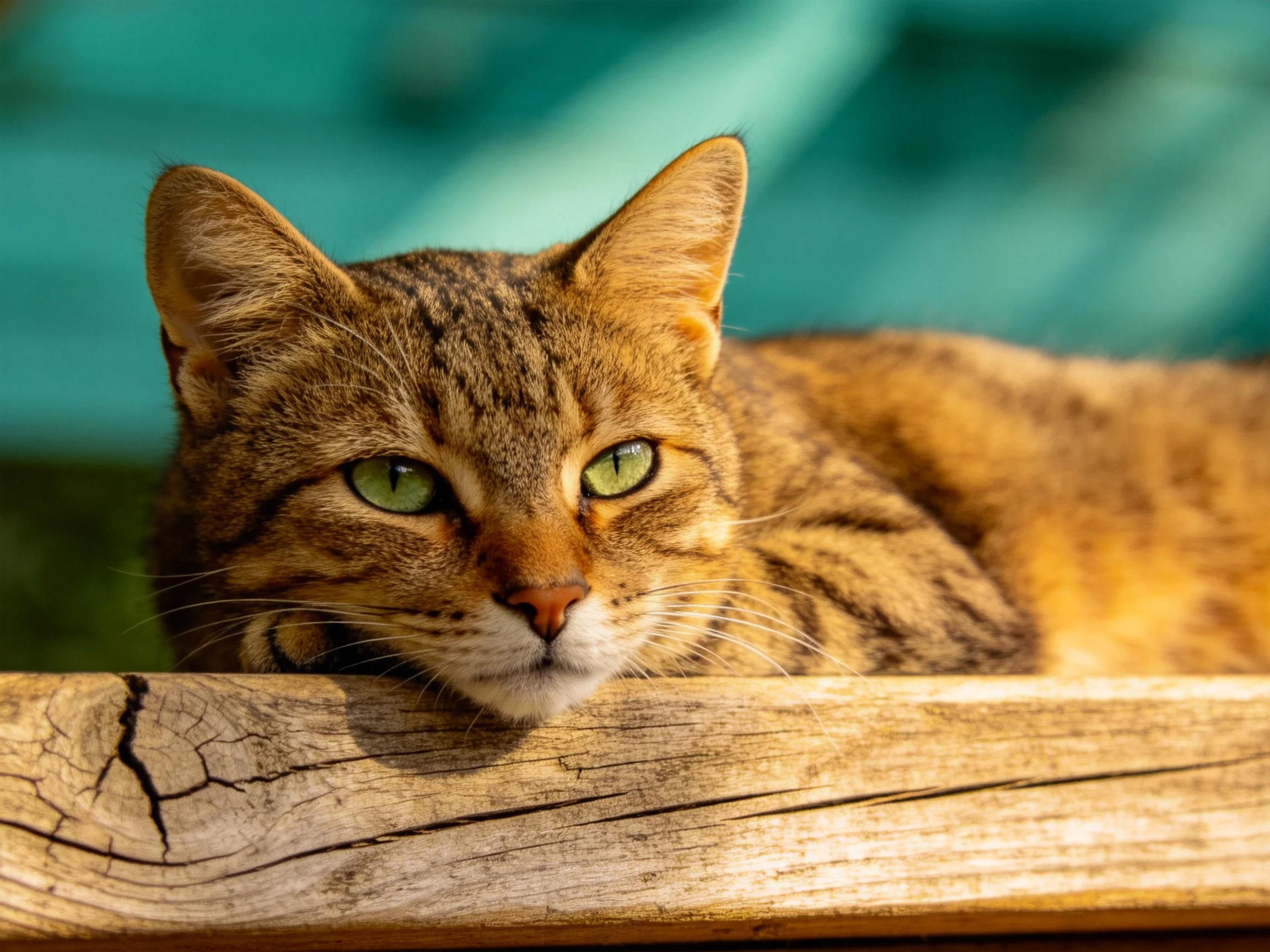 A brown tabby cat rests on weathered wooden planks with turquoise backdrop