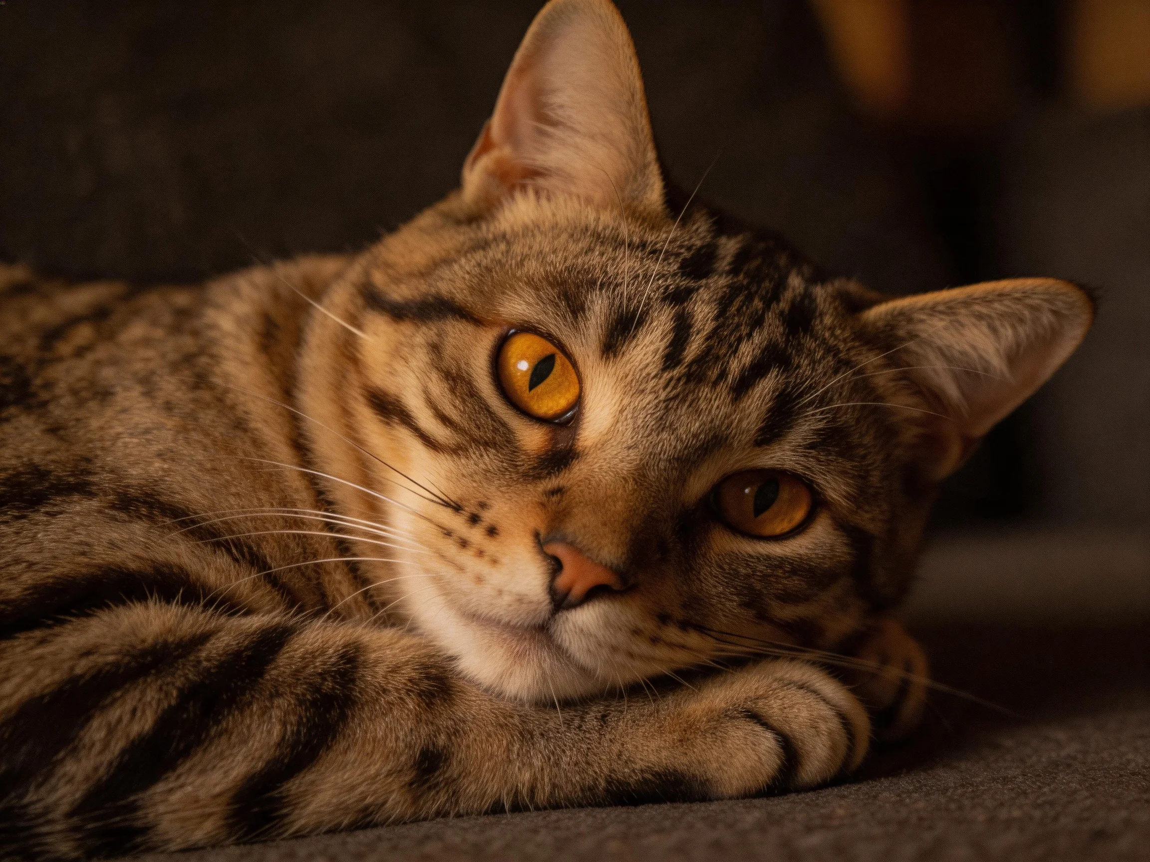 A brown-tabby cat rests with amber eyes on a soft surface