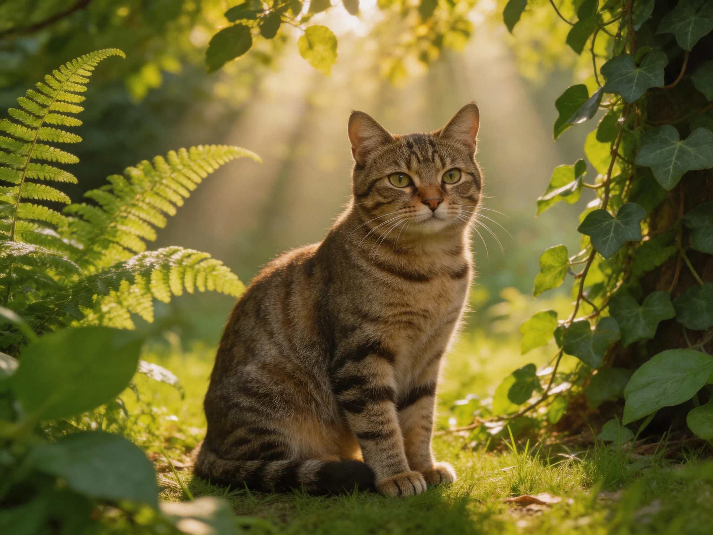 A brown tabby cat rests among vibrant green foliage in a sun-drenched garden.