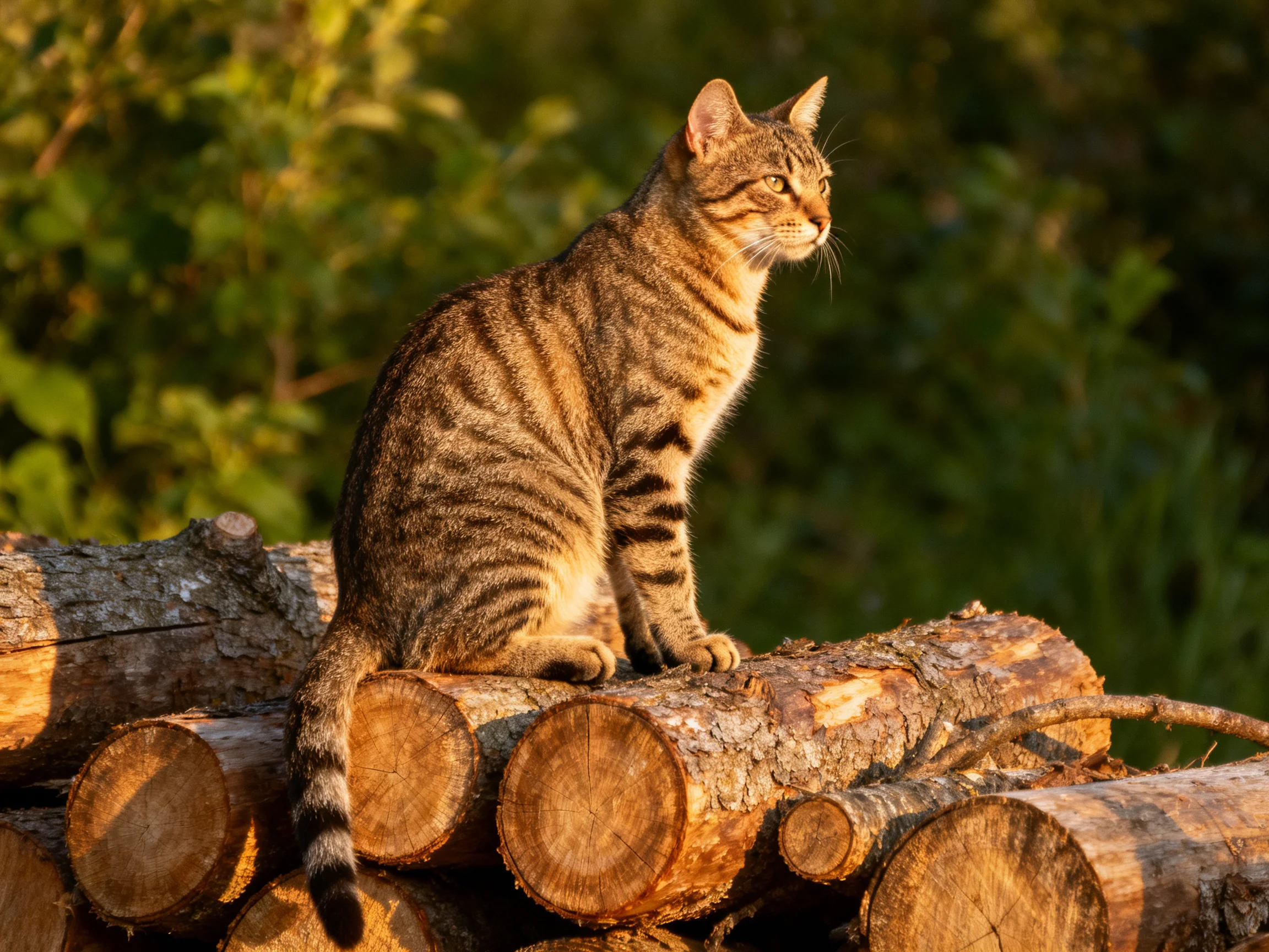 A brown tabby cat sits atop stacked wooden logs near lush green foliage
