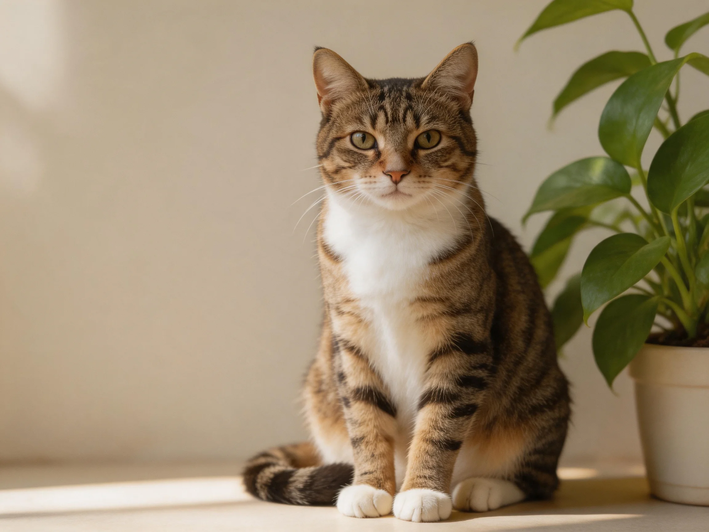 A brown tabby cat sits calmly next to a potted plant.