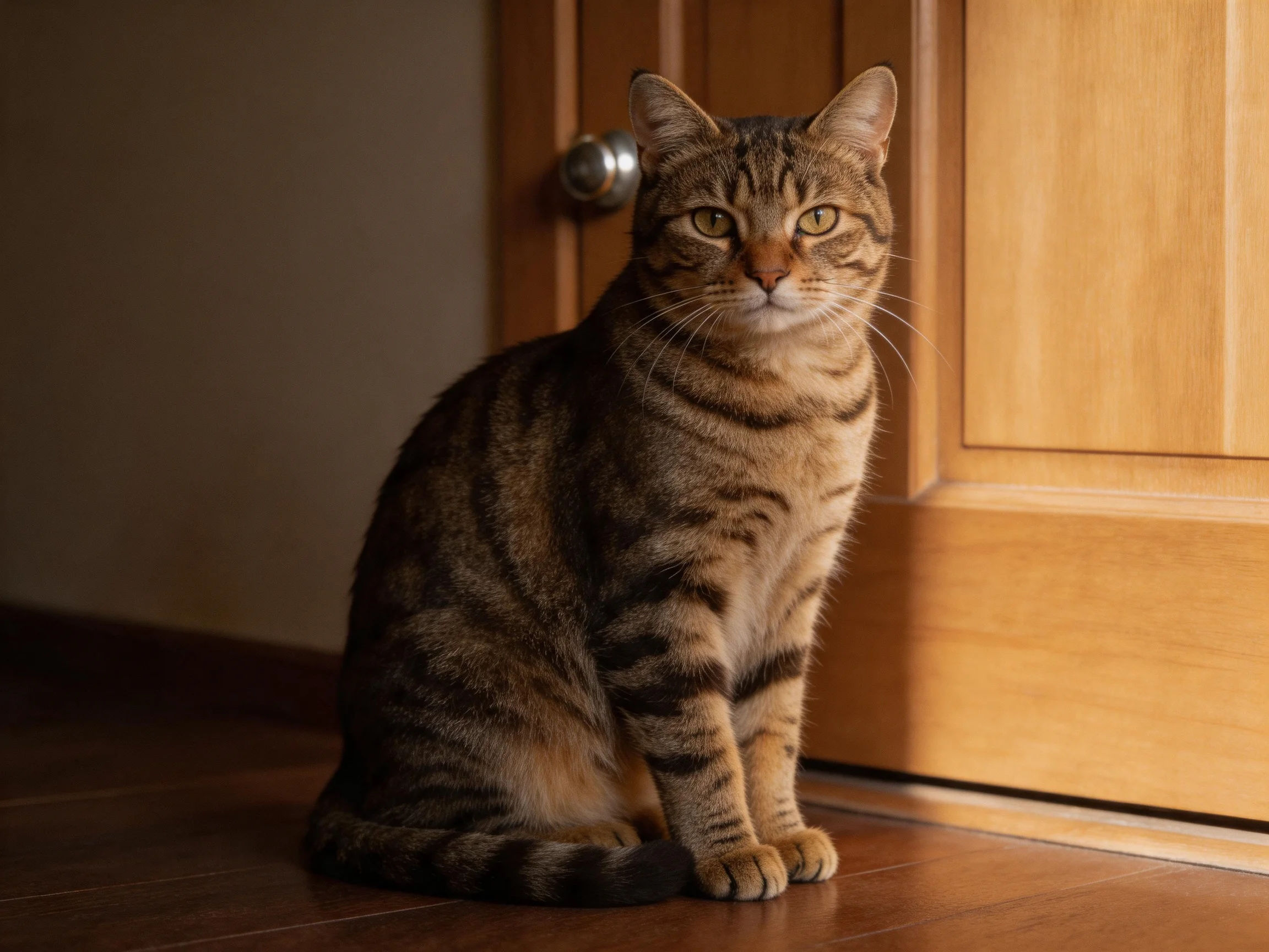 A brown tabby cat sits by a polished wooden door