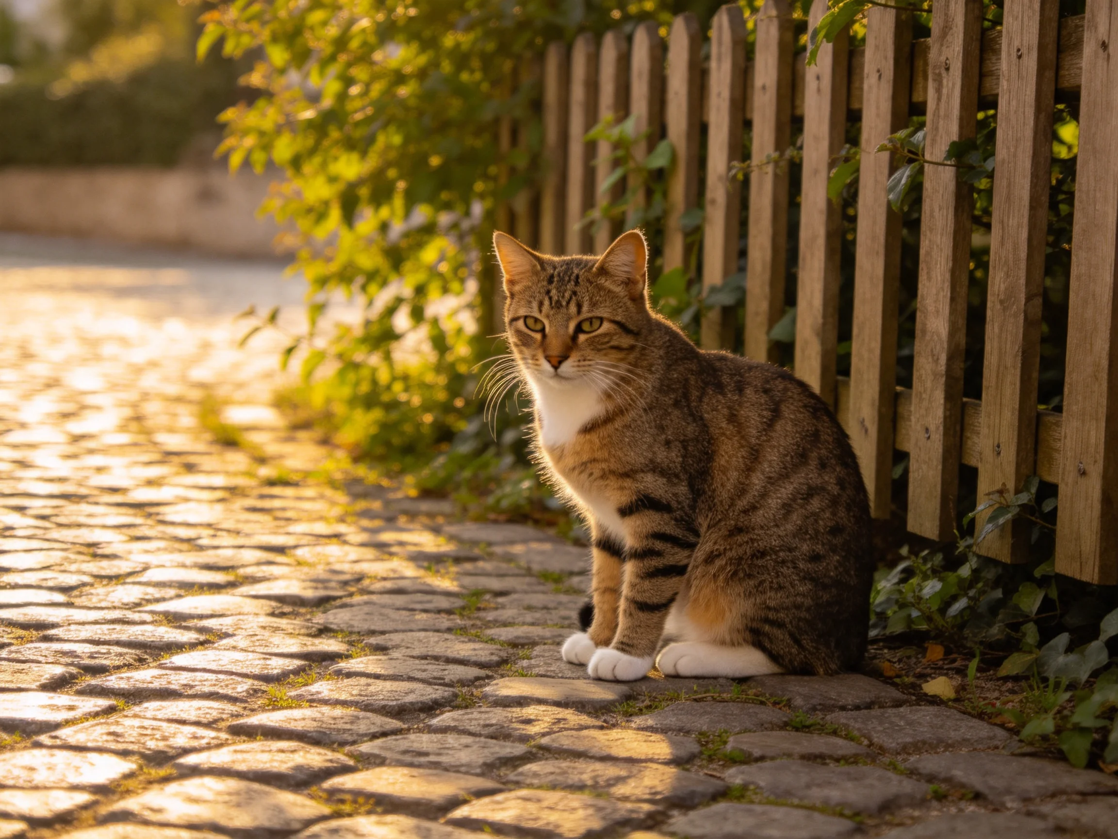 A brown tabby cat sits beside a wooden fence on a sunlit cobblestone path.
