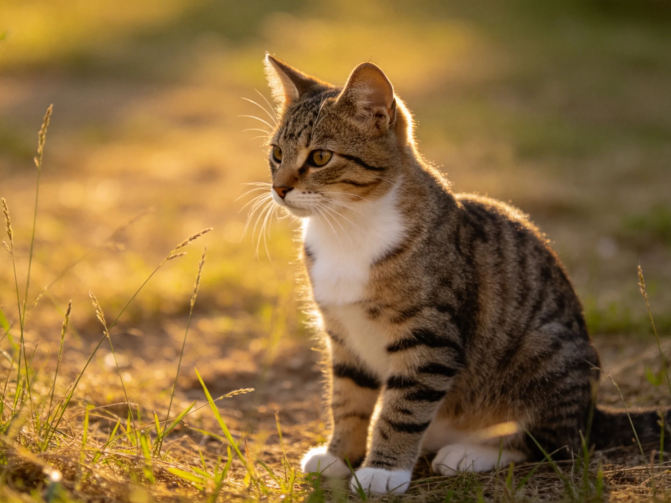 A brown-tabby cat sits calmly among golden grasses under warm sunlight