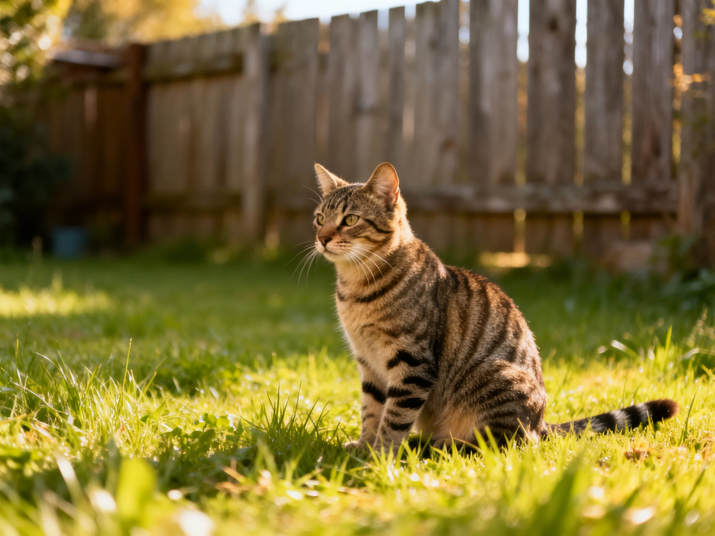 A brown tabby cat sits in a sunlit backyard with green grass.